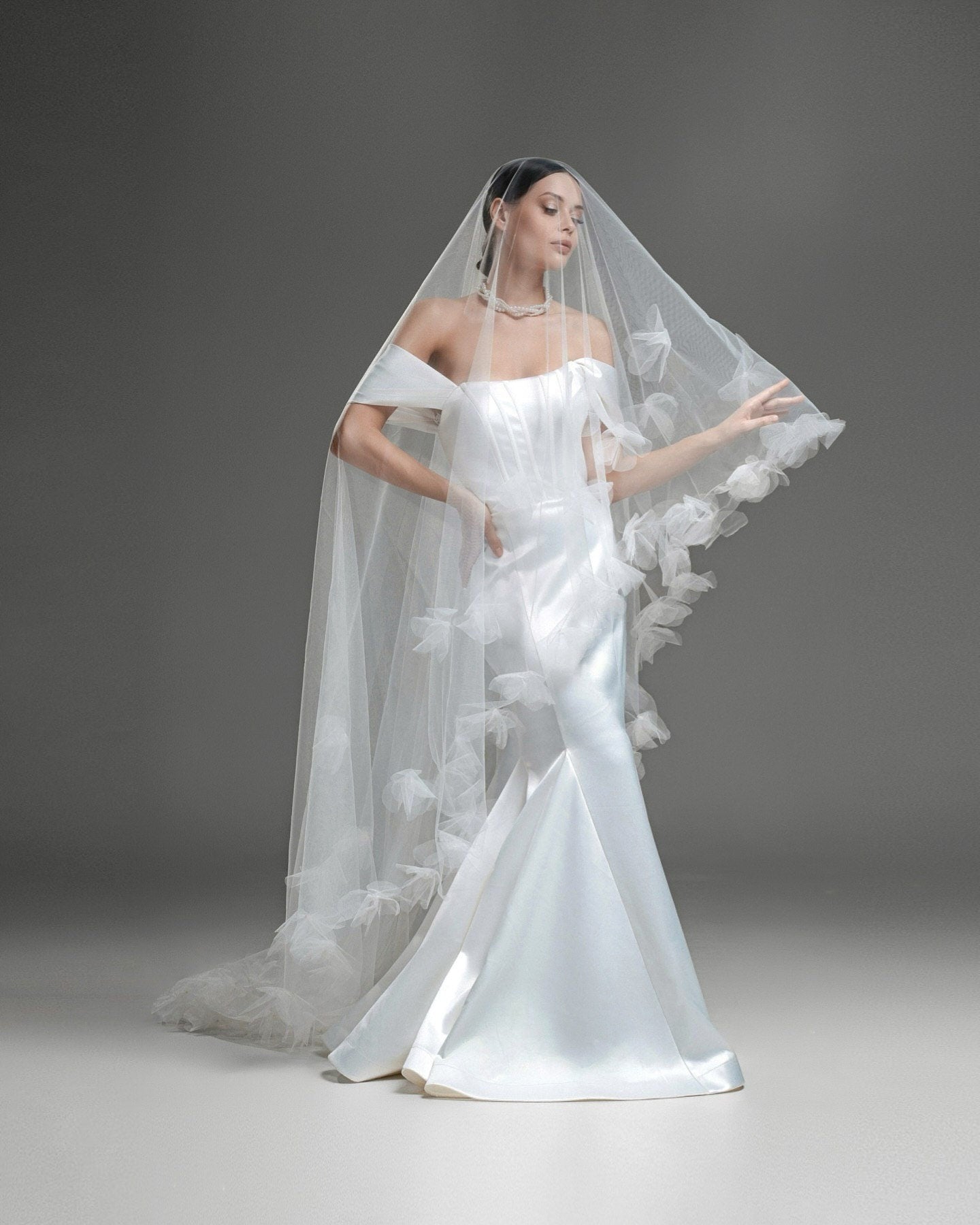 Elegant Bridal Cape Veil with 3D Floral Appliqués, Long One Tier Wedding Veil with Delicate Flowers, Tulle flowers veil blusher flowers veil