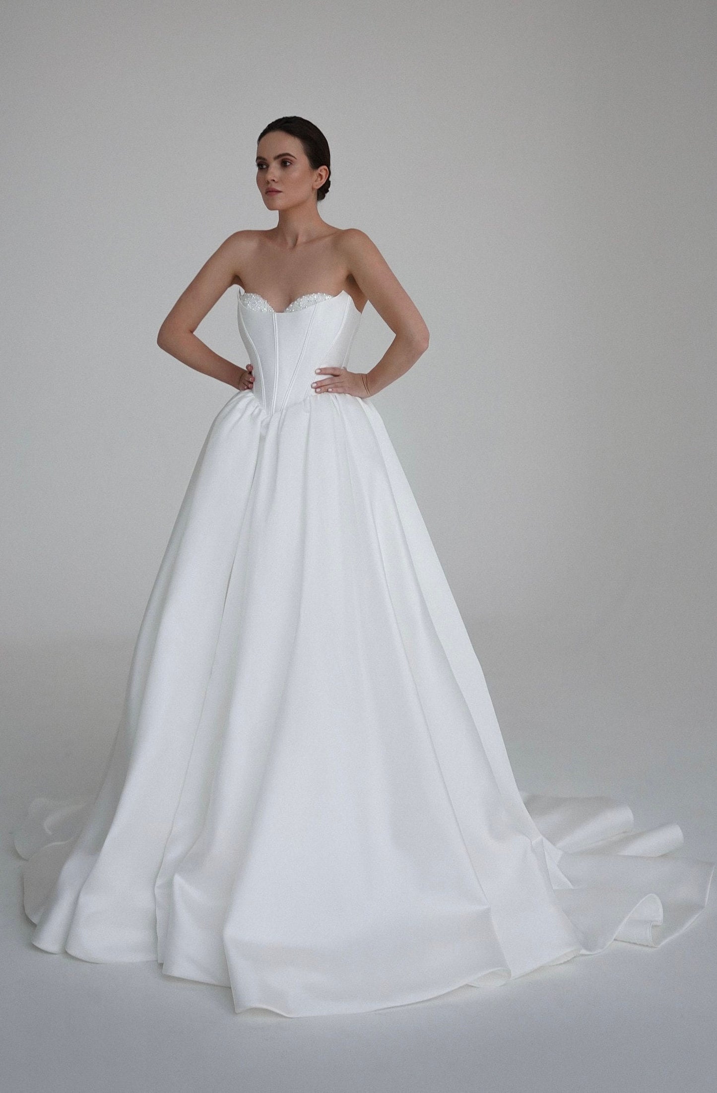 Mikado Wedding Dress - Basque Corset Bridal Gown - Pearl & Crystal Embellished Bodice - Royal Ball Gown - Luxury Princess Wedding Dress