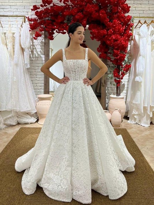 Elegant Lace Wedding Dress, A-Line Bridal Gown, French Corded Lace Dress, Square Corset Dress, Ball Gown Wedding Dress