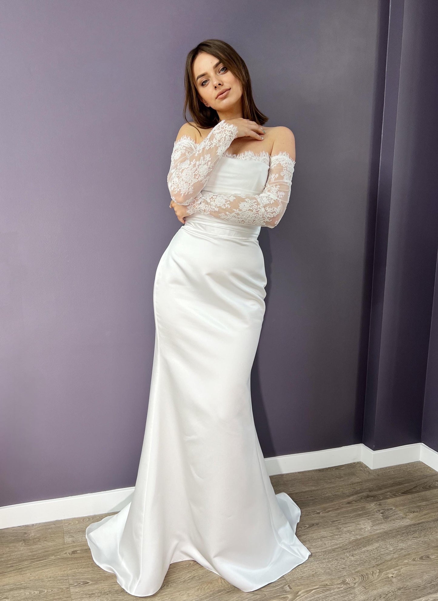 Elegant satin Off-Shoulder Lace Sleeve Bridal Gown with Classic Corset & Train. Open low back wedding delicate dress