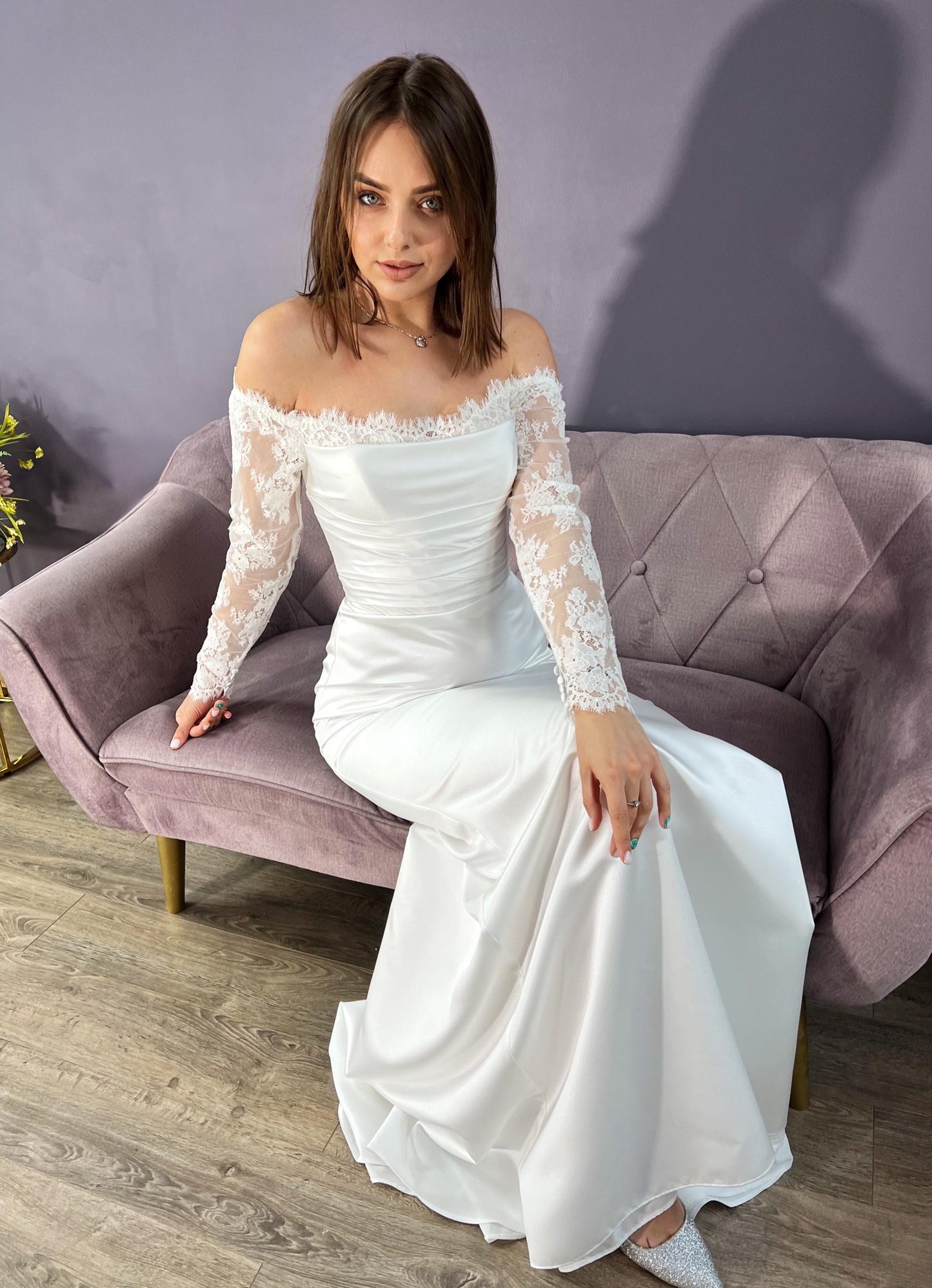 Elegant satin Off-Shoulder Lace Sleeve Bridal Gown with Classic Corset & Train. Open low back wedding delicate dress