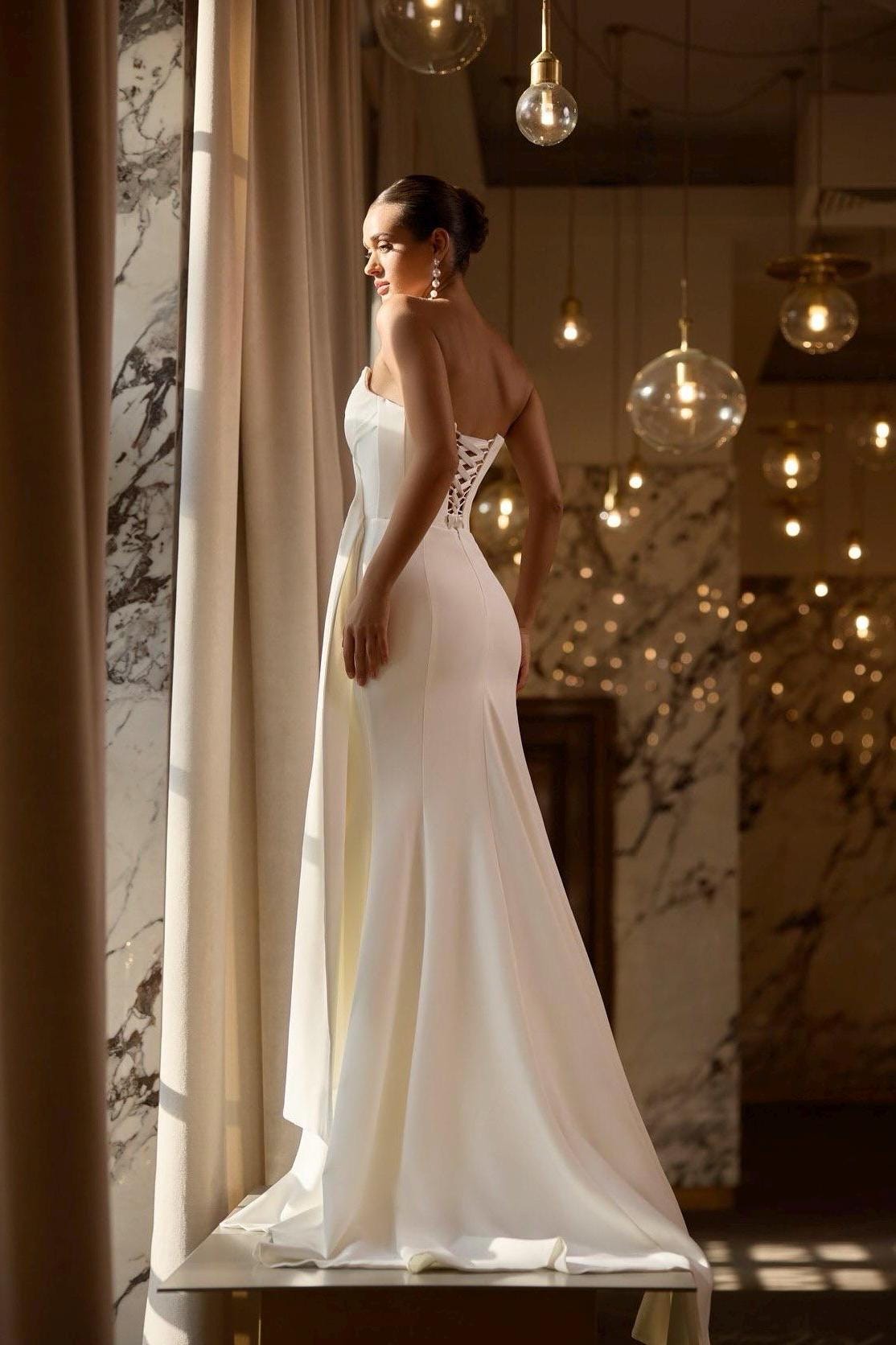 Elegant Satin Wedding Dress with Draped Corset, Silhouette Gown with High Slit, Modern Bridal Gown, Minimalist Satin Wedding Dress
