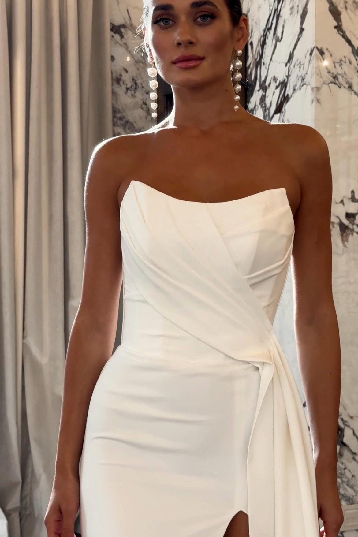 Elegant Satin Wedding Dress with Draped Corset, Silhouette Gown with High Slit, Modern Bridal Gown, Minimalist Satin Wedding Dress