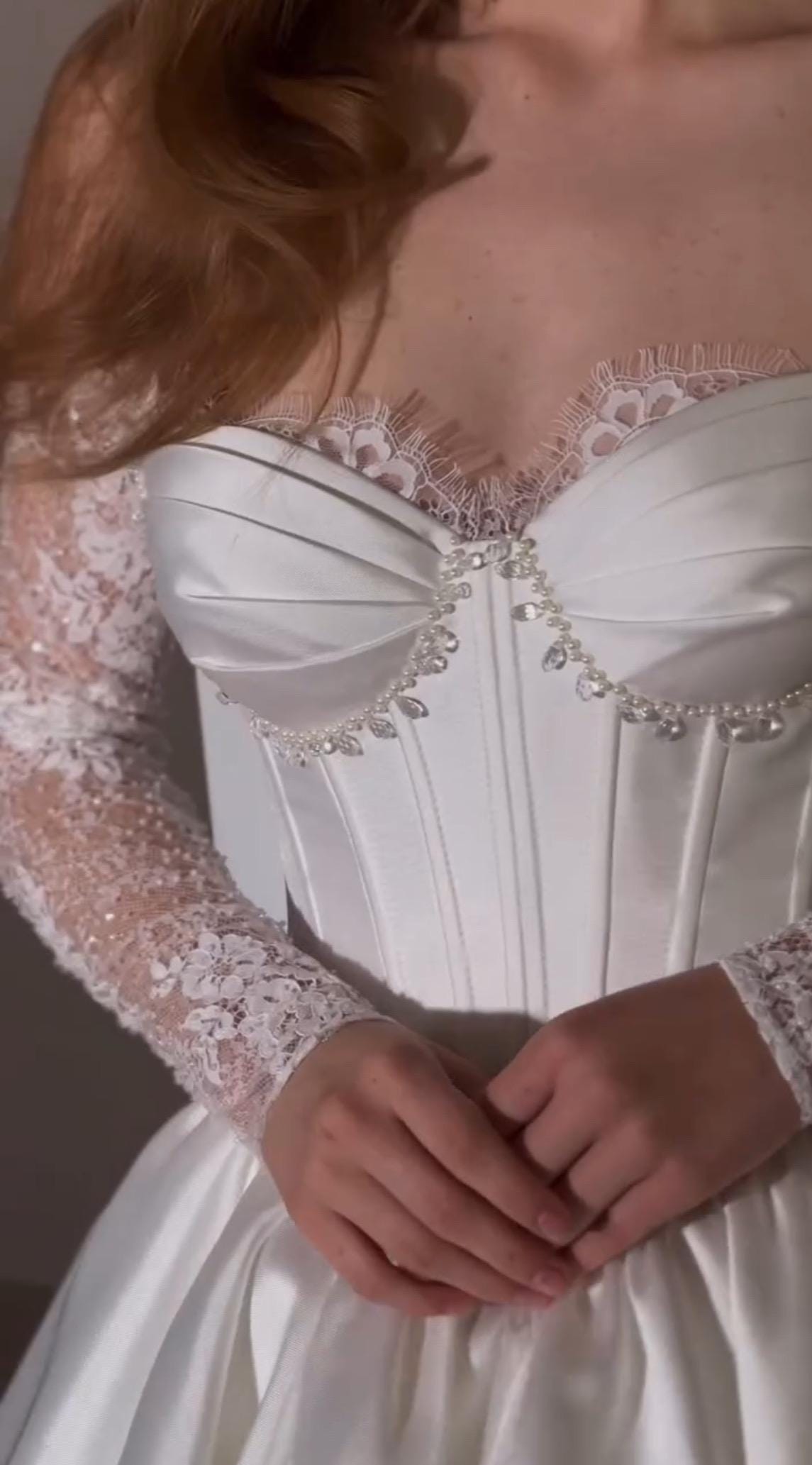 Princess Wedding Dress with Basque Corset, Mikado & Chantilly Lace, Glamorous Off-Shoulder Gown with Lace Sleeves, Luxurious Bridal Dress