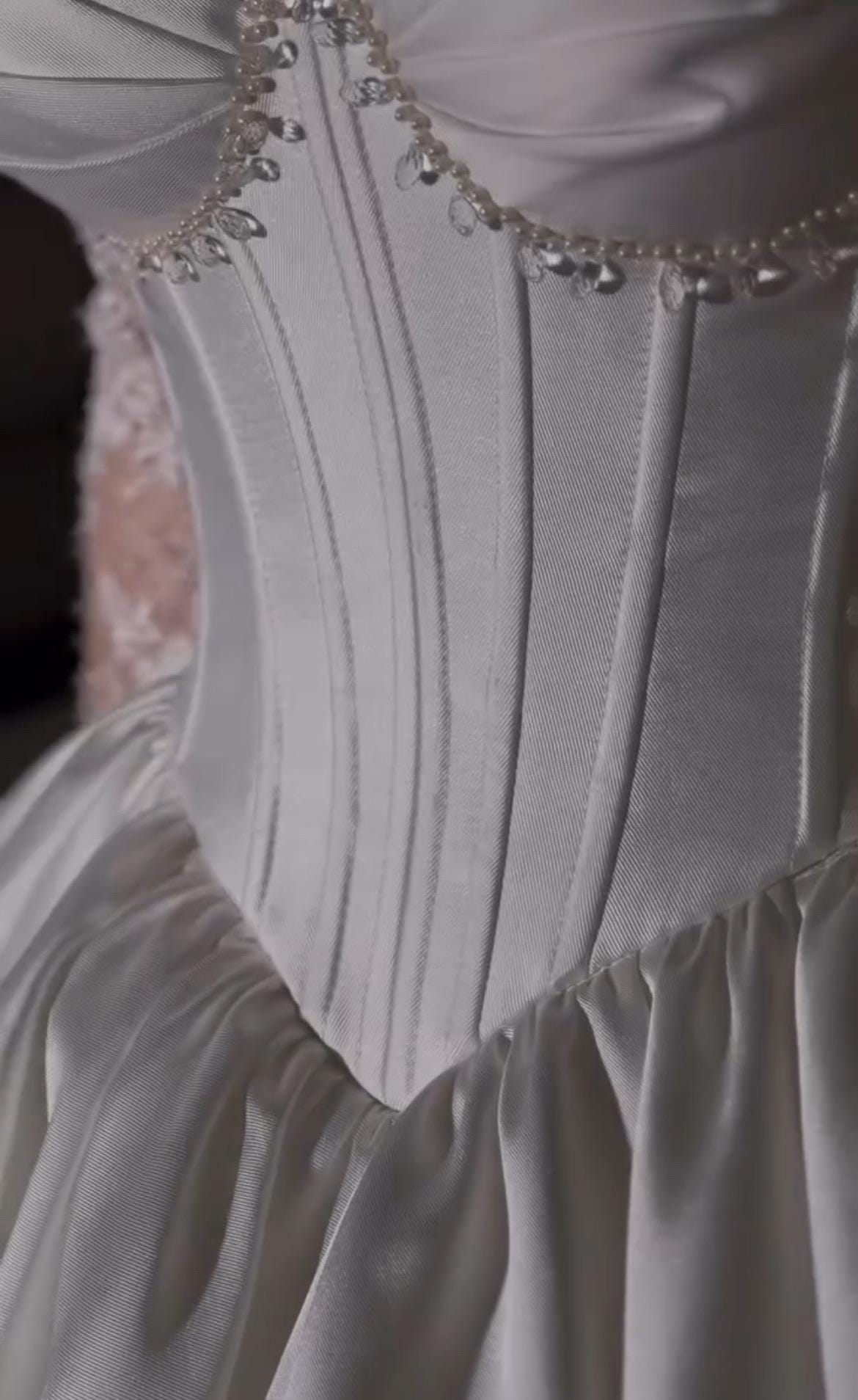 Princess Wedding Dress with Basque Corset, Mikado & Chantilly Lace, Glamorous Off-Shoulder Gown with Lace Sleeves, Luxurious Bridal Dress