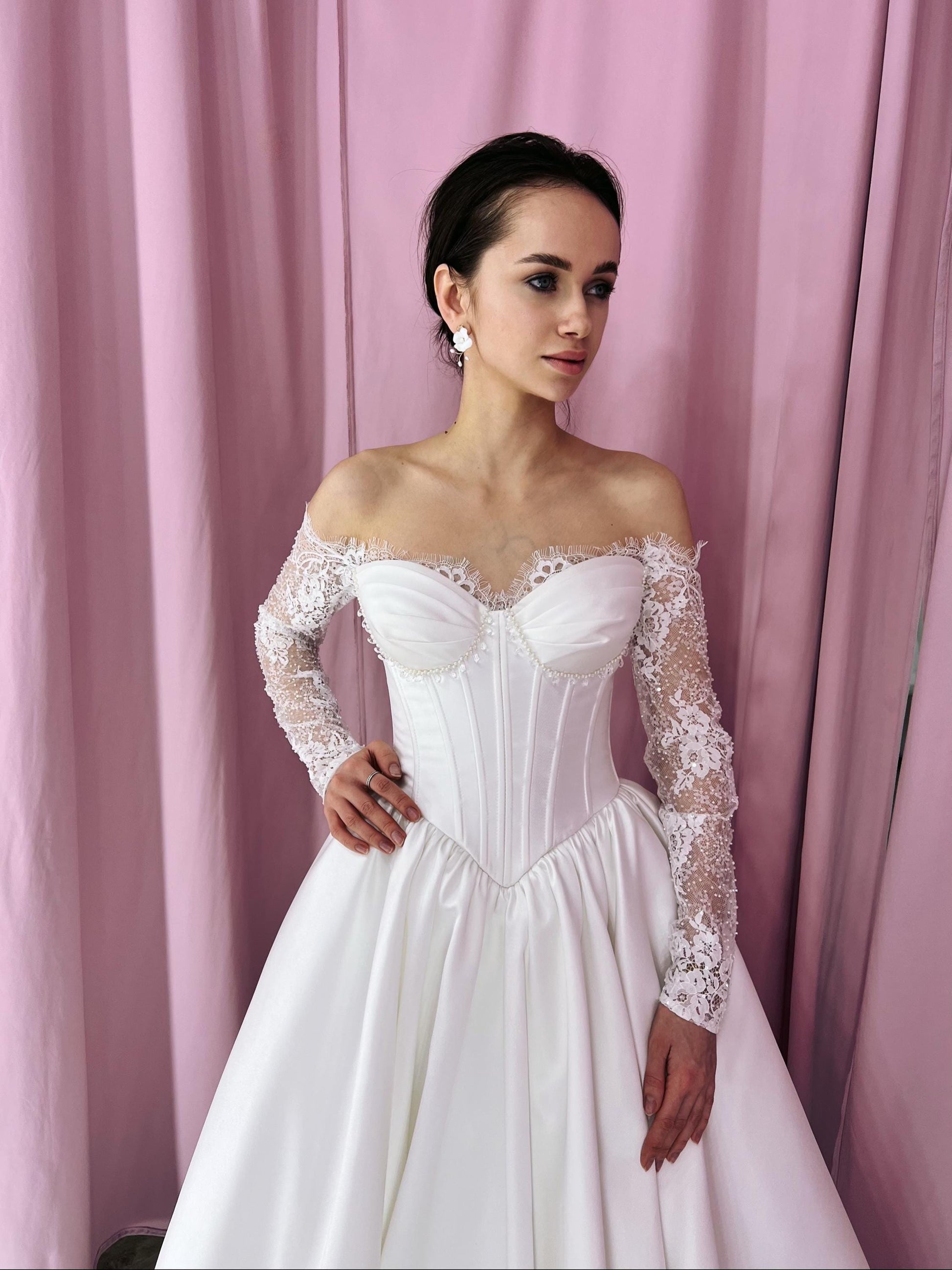Princess Wedding Dress with Basque Corset, Mikado & Chantilly Lace, Glamorous Off-Shoulder Gown with Lace Sleeves, Luxurious Bridal Dress