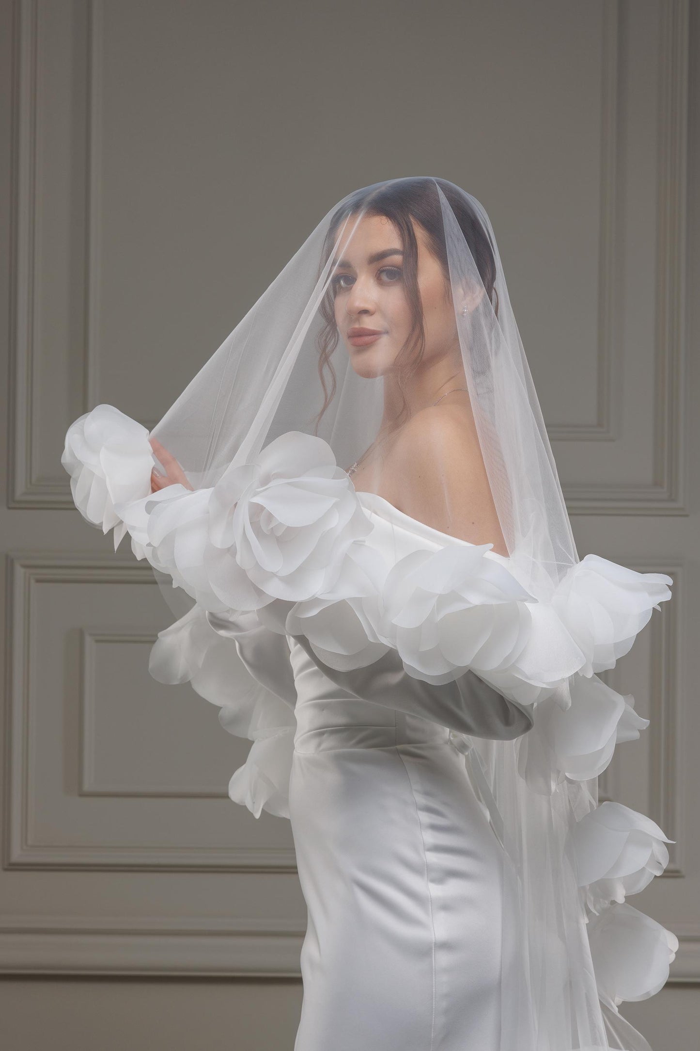 3D Floral Wedding Veil | Soft Tulle Cathedral Veil with Organza Flowers Bridal Cape Veil Cathedral Length One Tier, Long Floral Wedding Veil