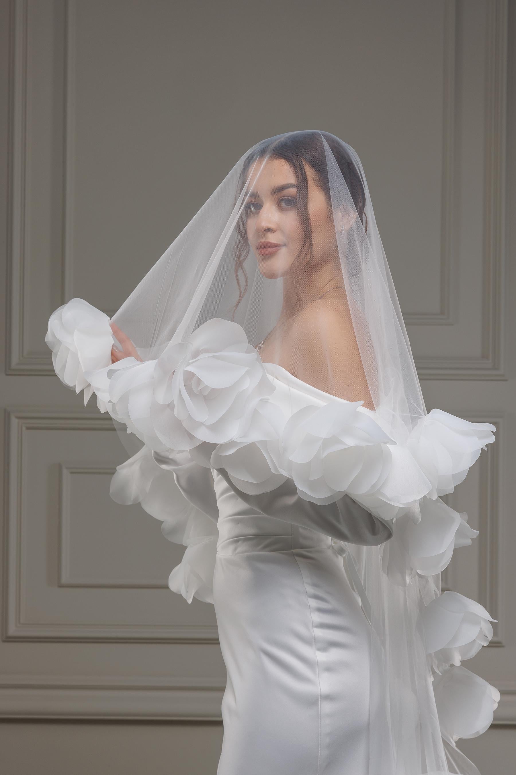 3D Floral Wedding Veil | Soft Tulle Cathedral Veil with Organza Flowers Bridal Cape Veil Cathedral Length One Tier, Long Floral Wedding Veil