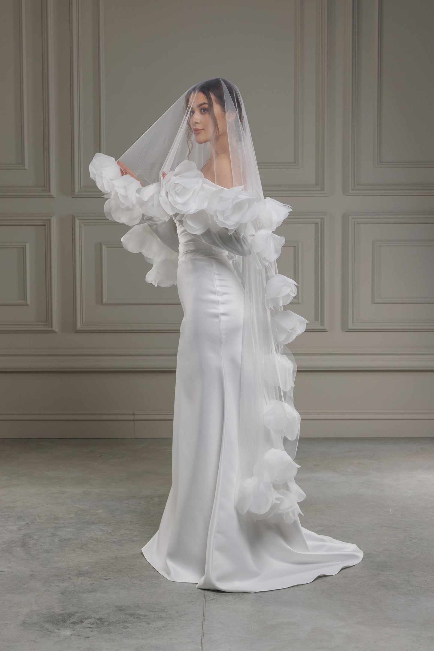 3D Floral Wedding Veil | Soft Tulle Cathedral Veil with Organza Flowers Bridal Cape Veil Cathedral Length One Tier, Long Floral Wedding Veil