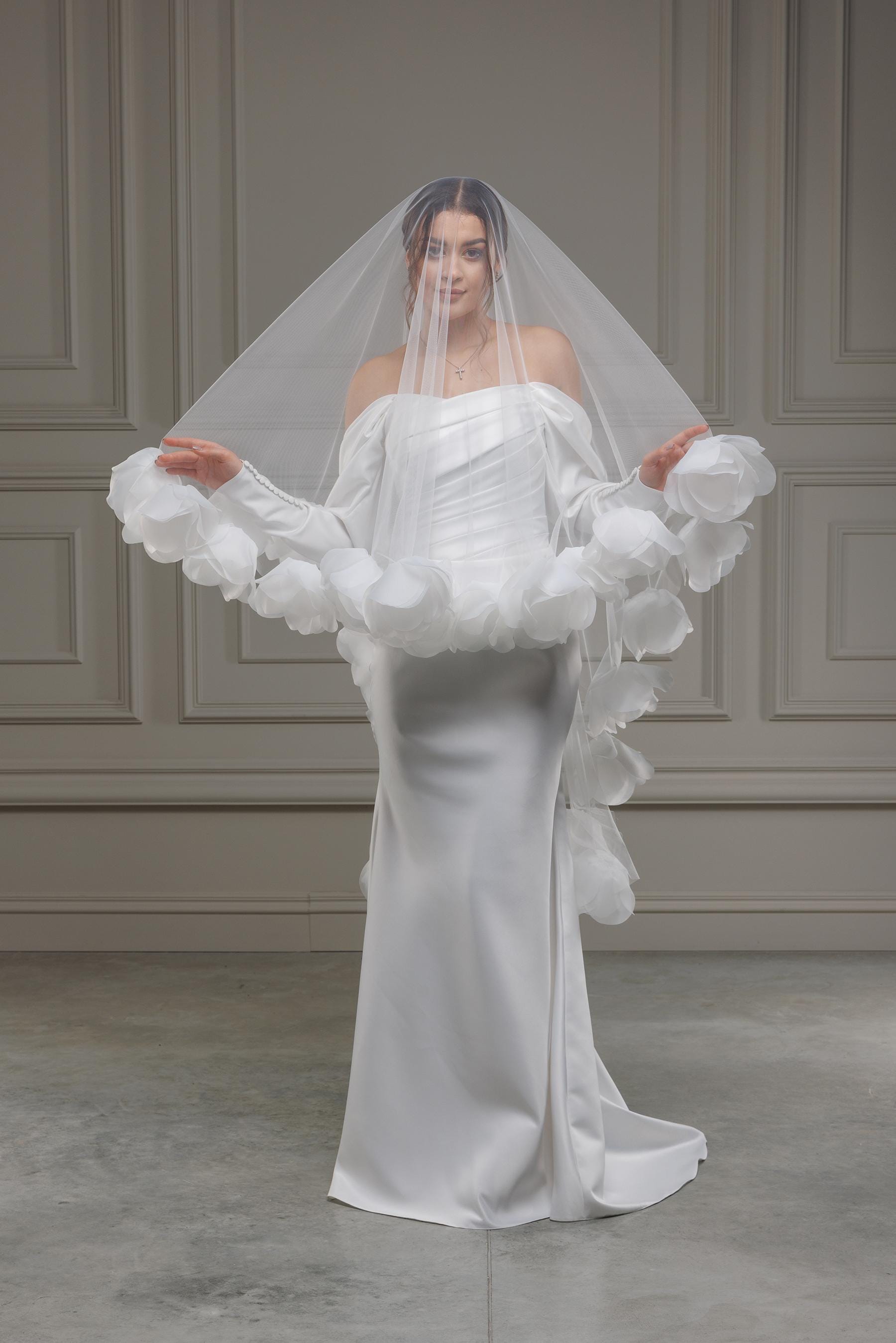 3D Floral Wedding Veil | Soft Tulle Cathedral Veil with Organza Flowers Bridal Cape Veil Cathedral Length One Tier, Long Floral Wedding Veil