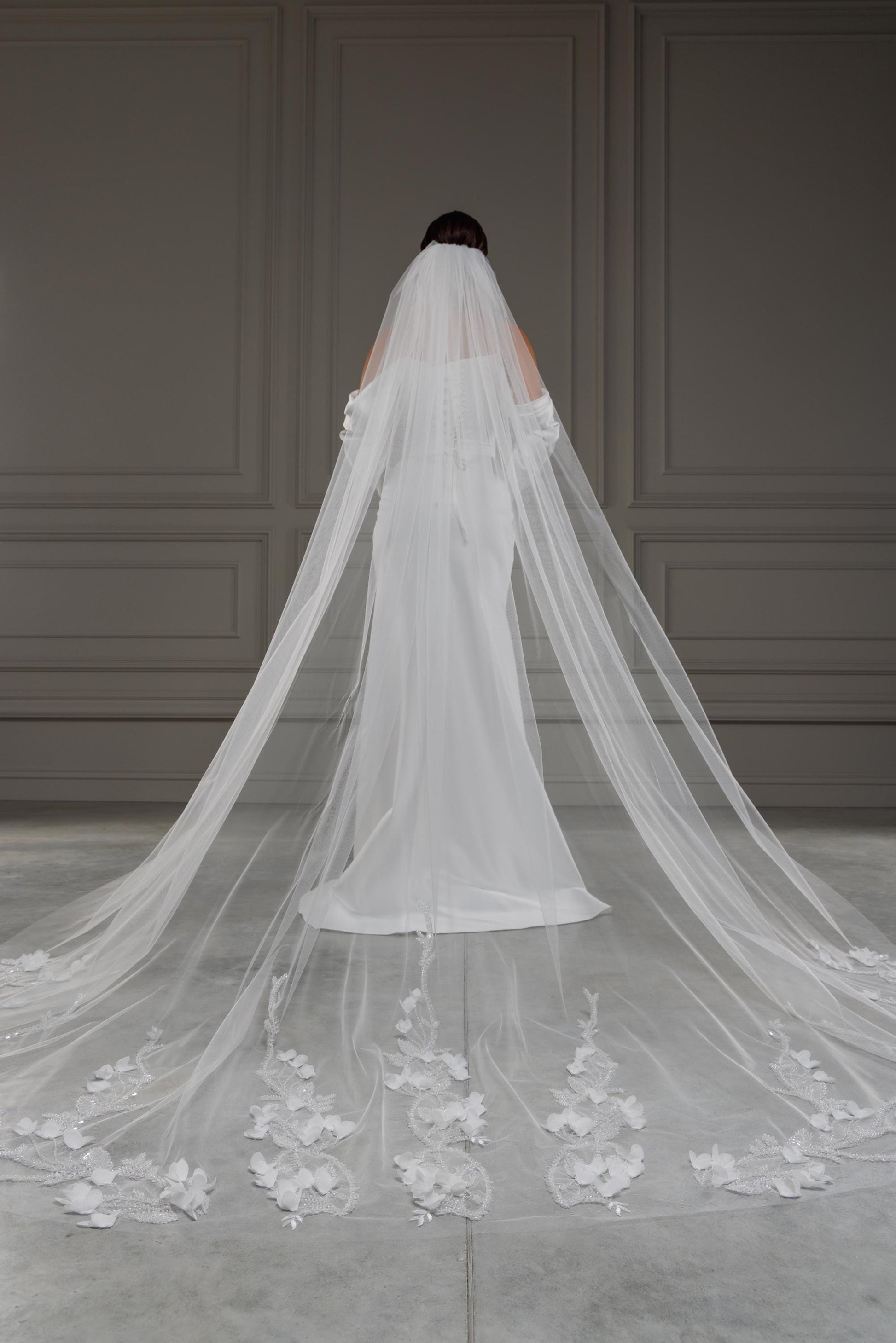 Luxurious Long Cathedral Lace Veil with Delicate Floral Embroidery and 3D Flowers, Customizable Wedding Veil for Brides