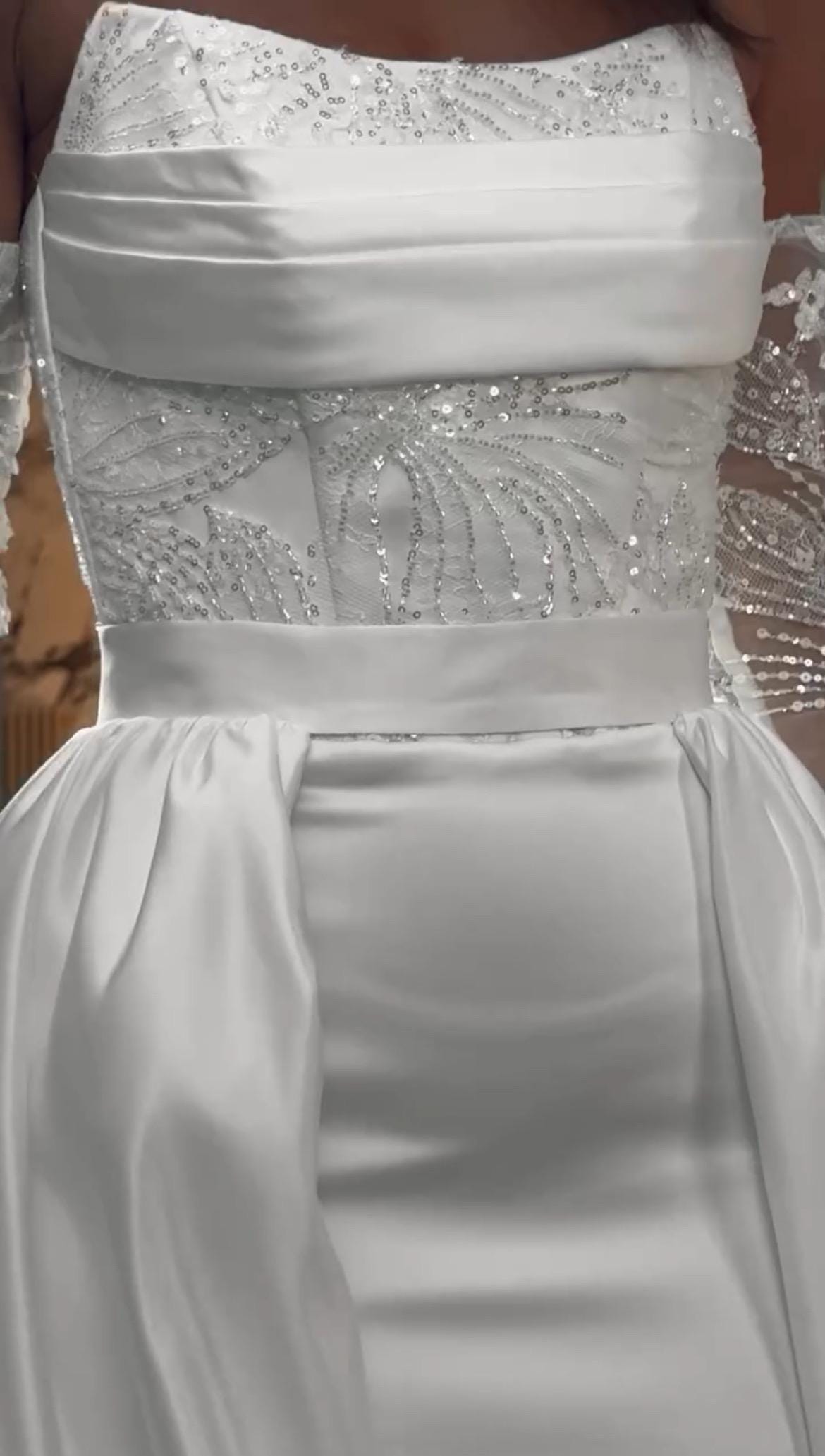 Luxury Beaded Lace Corset Wedding Dress | Mermaid Silhouette | Detachable Satin Overskirt & Lace Sleeves | Elegant Bridal Gown