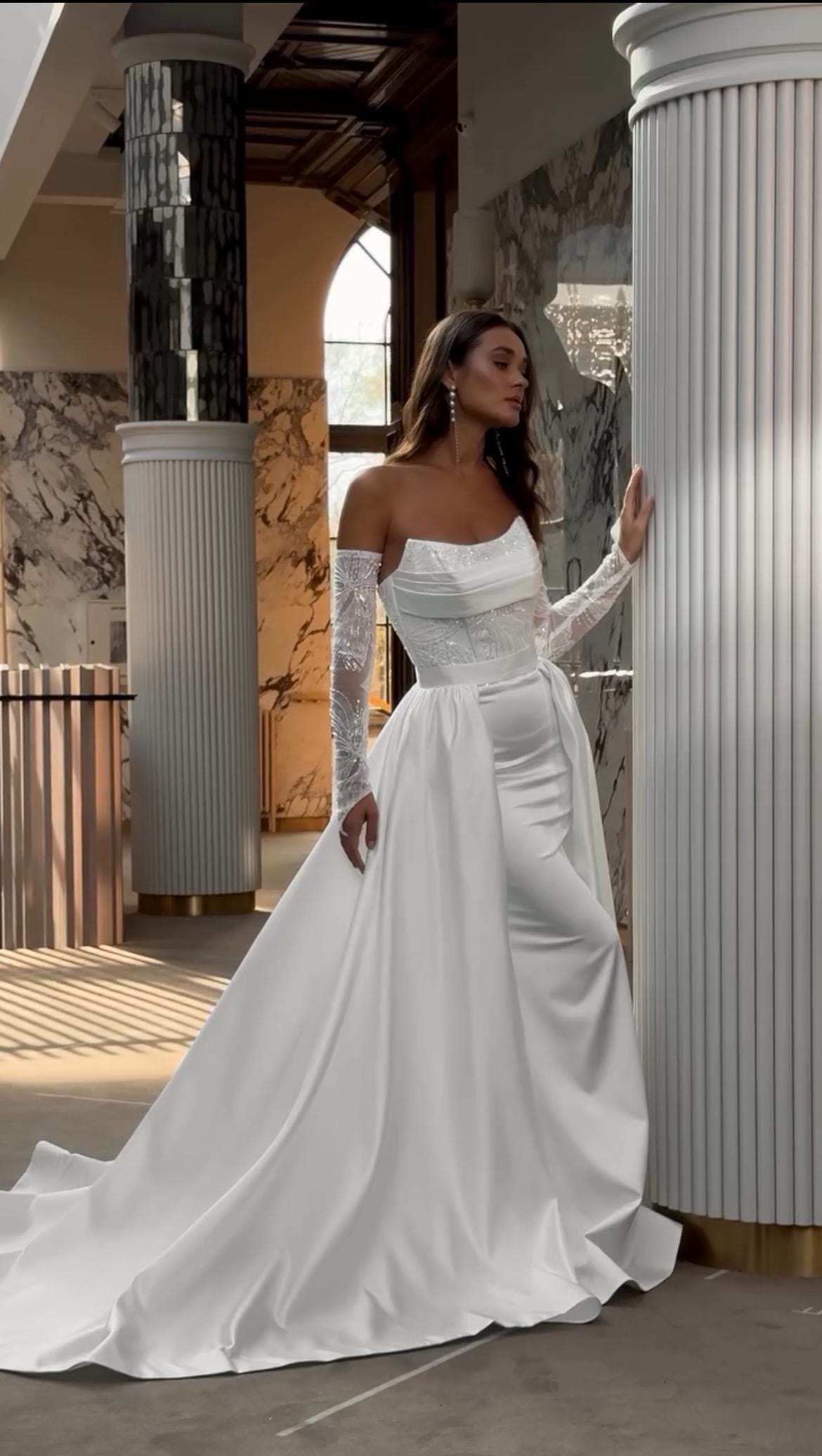 Luxury Beaded Lace Corset Wedding Dress | Mermaid Silhouette | Detachable Satin Overskirt & Lace Sleeves | Elegant Bridal Gown