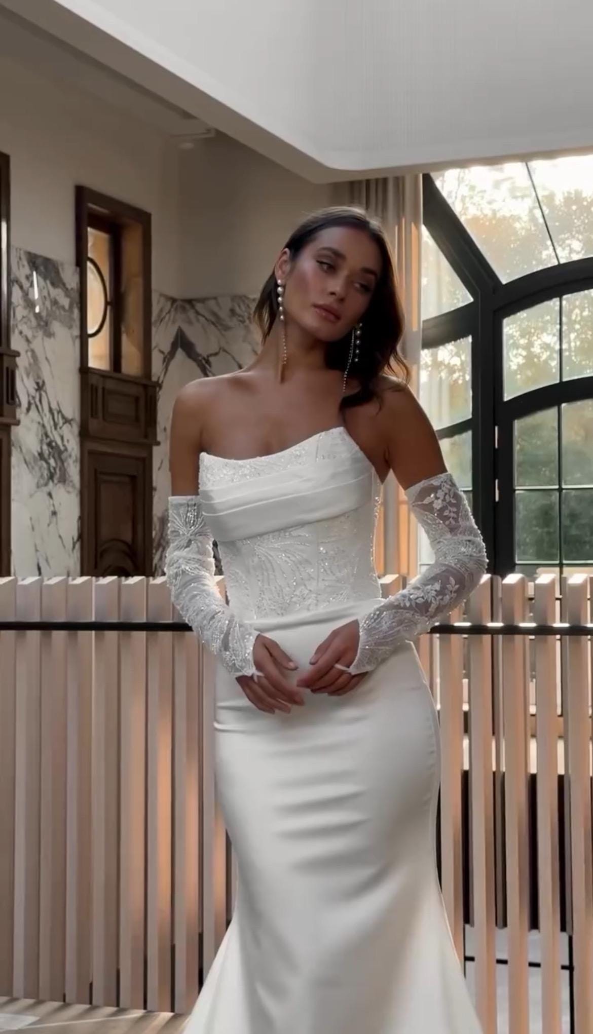 Luxury Beaded Lace Corset Wedding Dress | Mermaid Silhouette | Detachable Satin Overskirt & Lace Sleeves | Elegant Bridal Gown