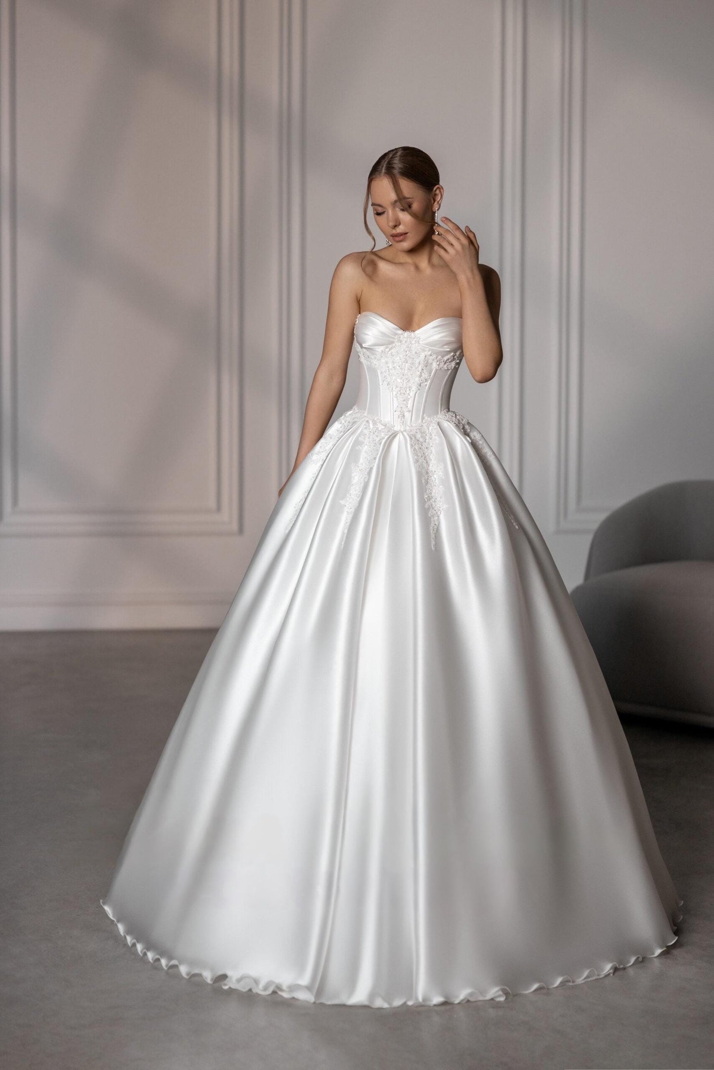 Luxury Wedding Dress – Satin Mikado Ball Gown, Corset with Cat Eye Cups & Basque Waist, Beaded Lace Details, Modern Princess Bridal Dress