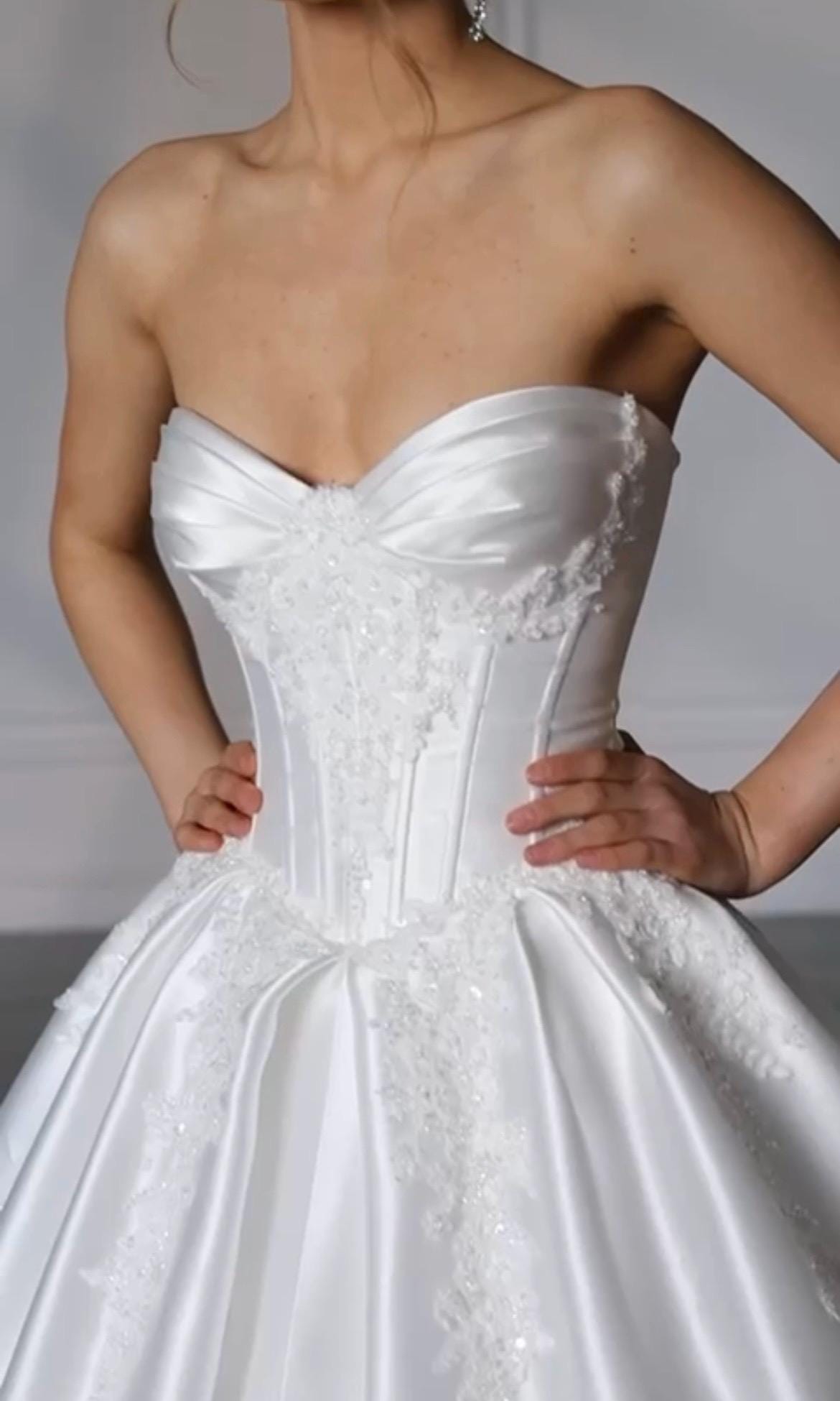 Luxury Wedding Dress – Satin Mikado Ball Gown, Corset with Cat Eye Cups & Basque Waist, Beaded Lace Details, Modern Princess Bridal Dress