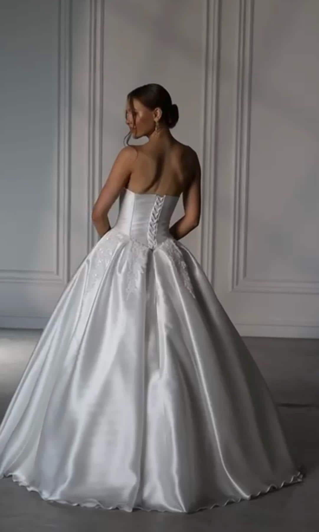 Luxury Wedding Dress – Satin Mikado Ball Gown, Corset with Cat Eye Cups & Basque Waist, Beaded Lace Details, Modern Princess Bridal Dress