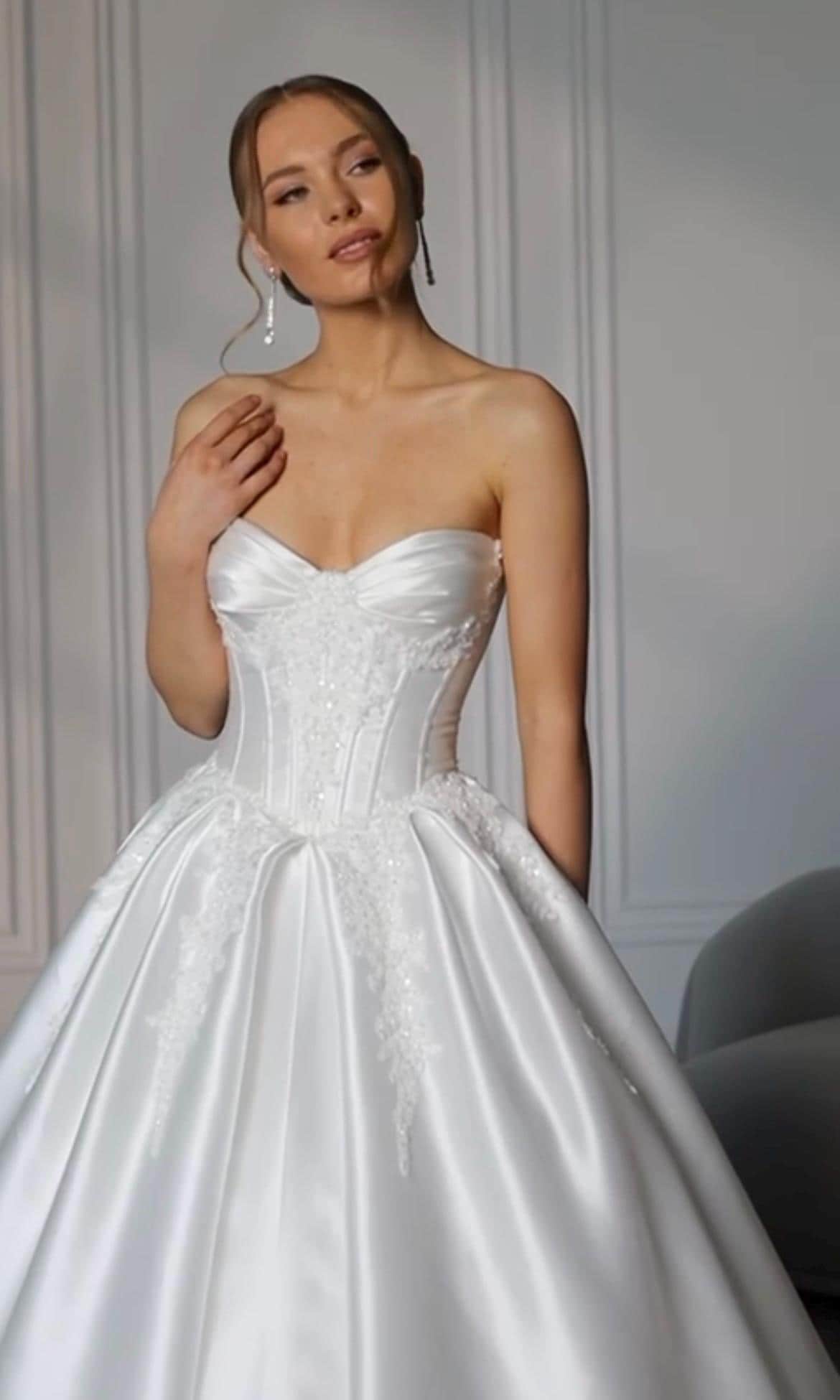 Luxury Wedding Dress – Satin Mikado Ball Gown, Corset with Cat Eye Cups & Basque Waist, Beaded Lace Details, Modern Princess Bridal Dress