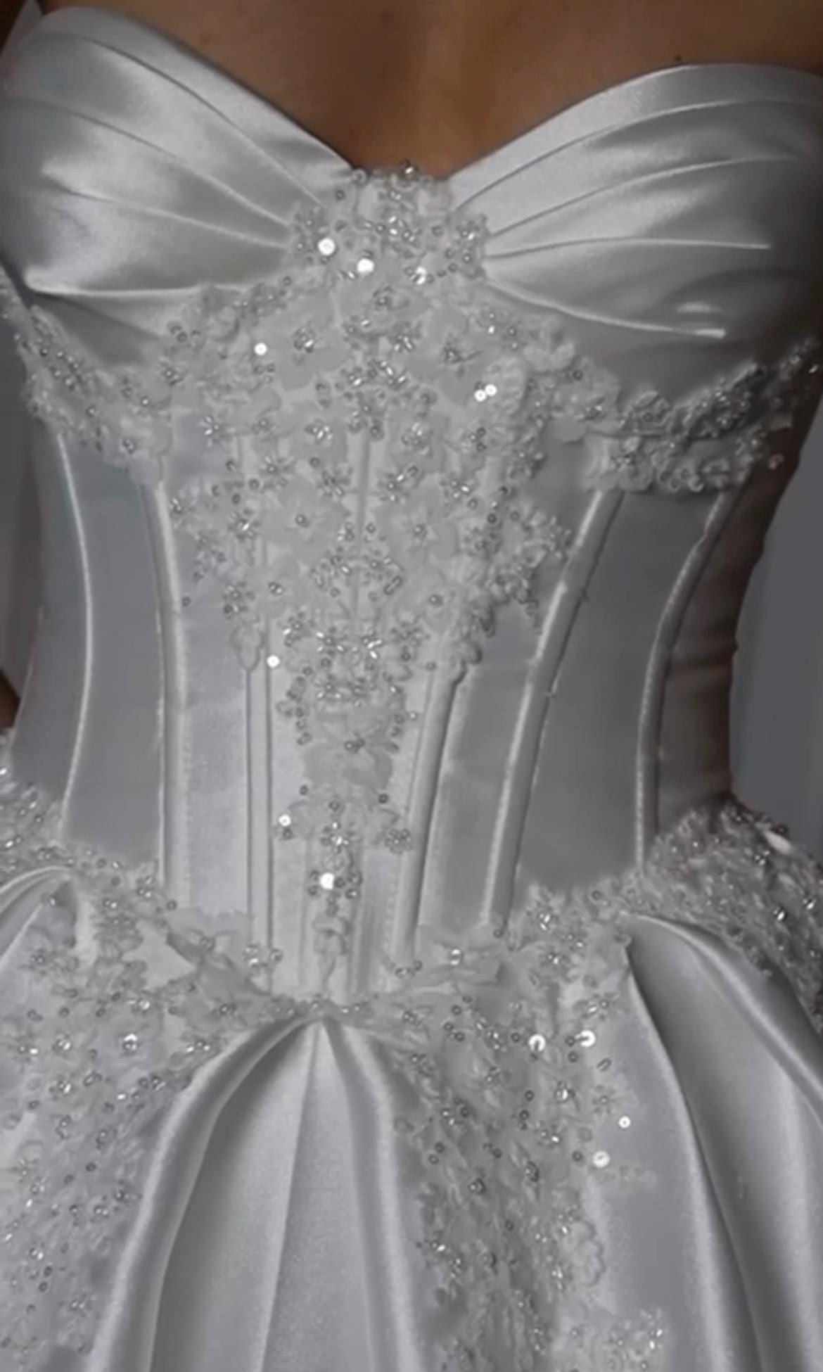 Luxury Wedding Dress – Satin Mikado Ball Gown, Corset with Cat Eye Cups & Basque Waist, Beaded Lace Details, Modern Princess Bridal Dress