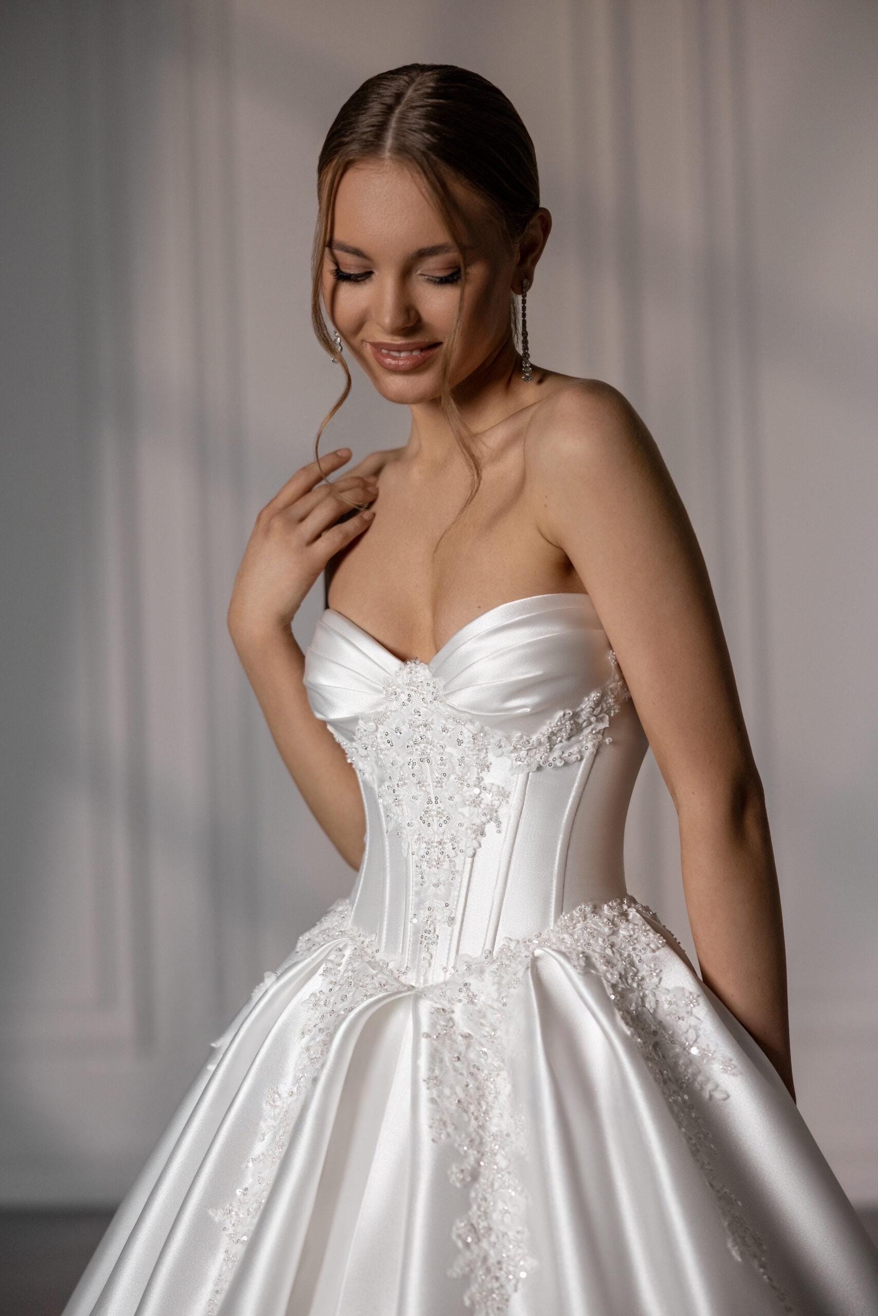 Luxury Wedding Dress – Satin Mikado Ball Gown, Corset with Cat Eye Cups & Basque Waist, Beaded Lace Details, Modern Princess Bridal Dress