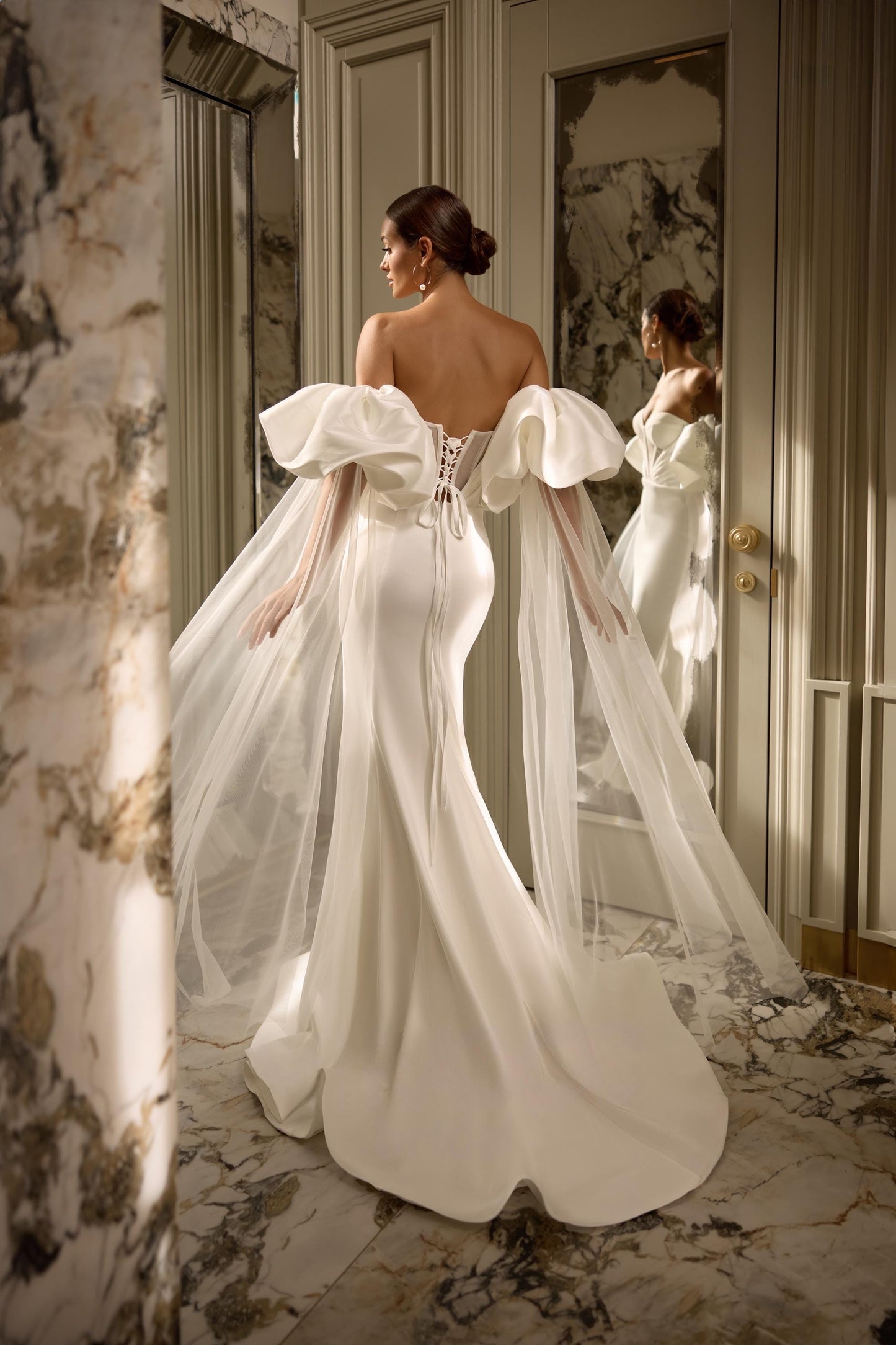 Luxury Mermaid Wedding Dress with Corset Bodice, Mikado Fabric, Draped Bust, Detachable Puff Sleeves, and Elegant Train