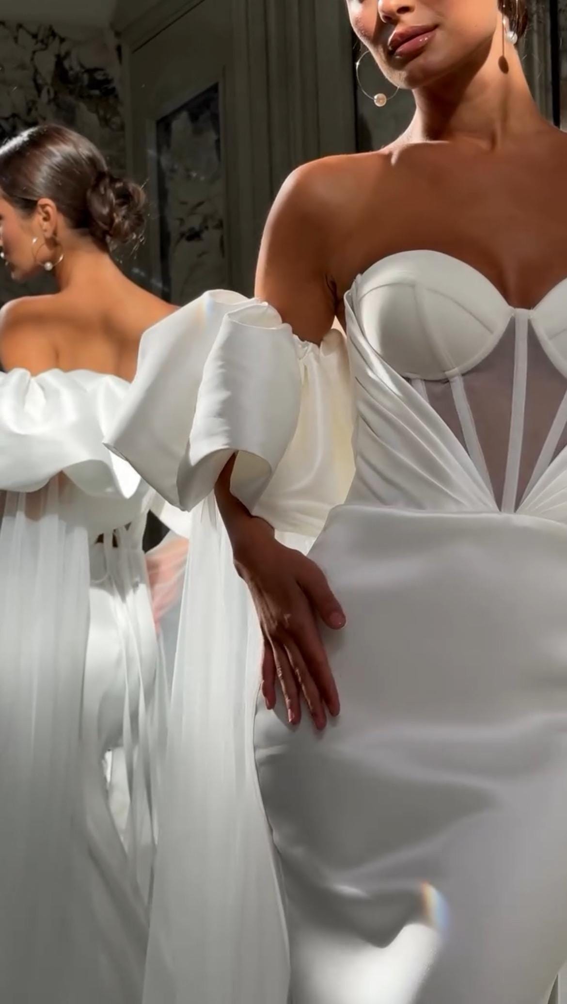 Luxury Mermaid Wedding Dress with Corset Bodice, Mikado Fabric, Draped Bust, Detachable Puff Sleeves, and Elegant Train