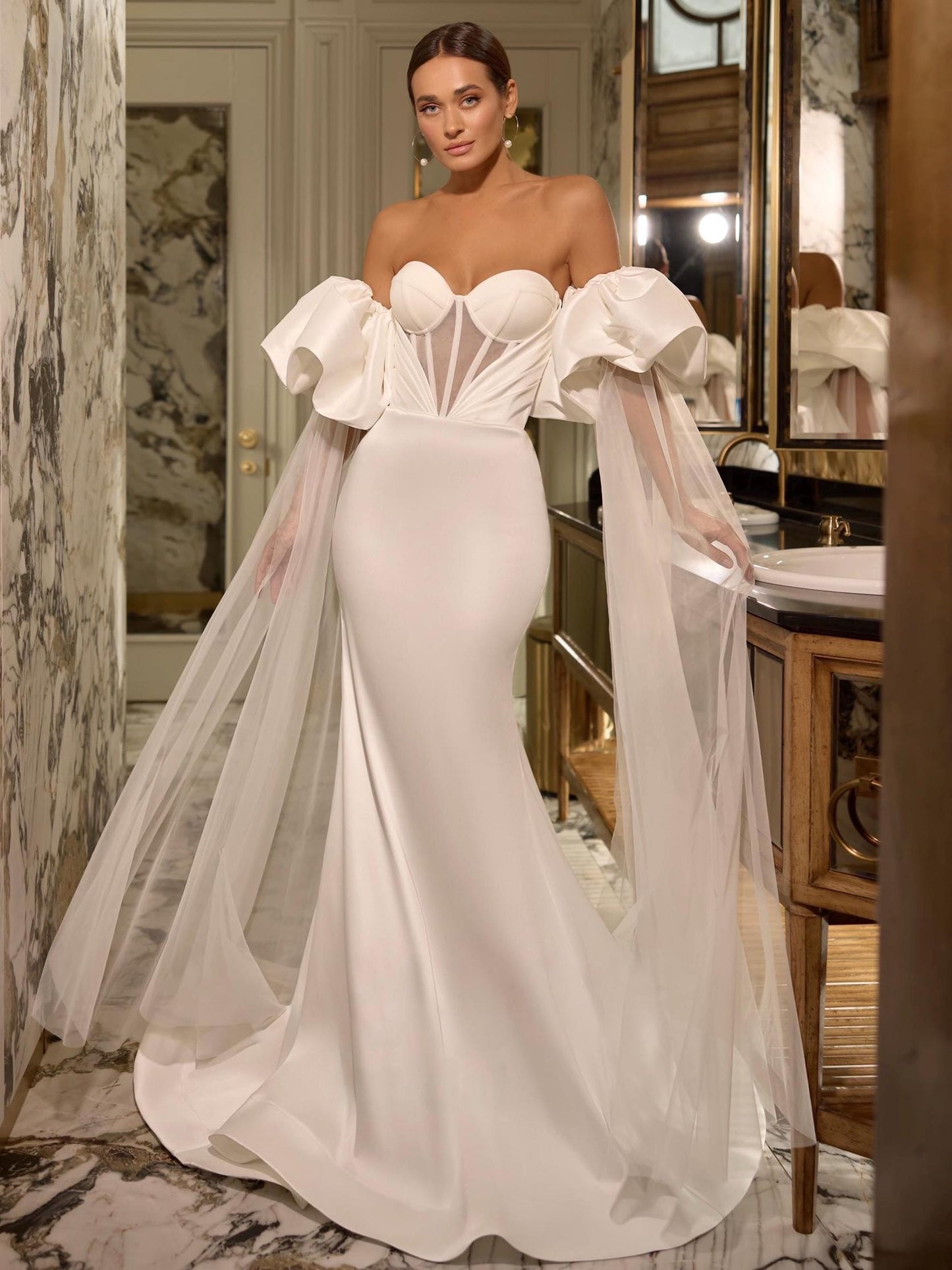 Luxury Mermaid Wedding Dress with Corset Bodice, Mikado Fabric, Draped Bust, Detachable Puff Sleeves, and Elegant Train
