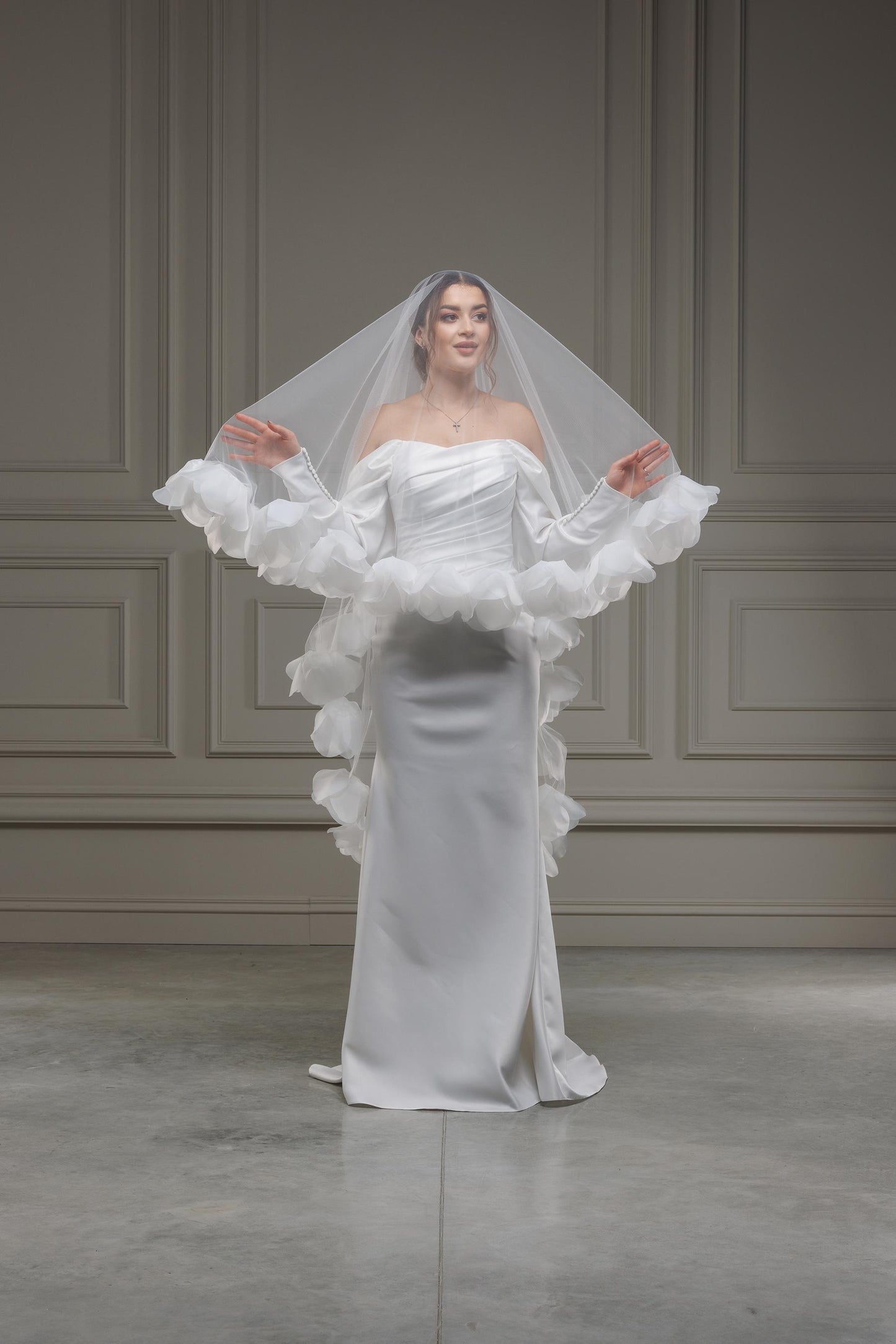 3D Floral Wedding Veil | Soft Tulle Cathedral Veil with Organza Flowers Bridal Cape Veil Cathedral Length One Tier, Long Floral Wedding Veil