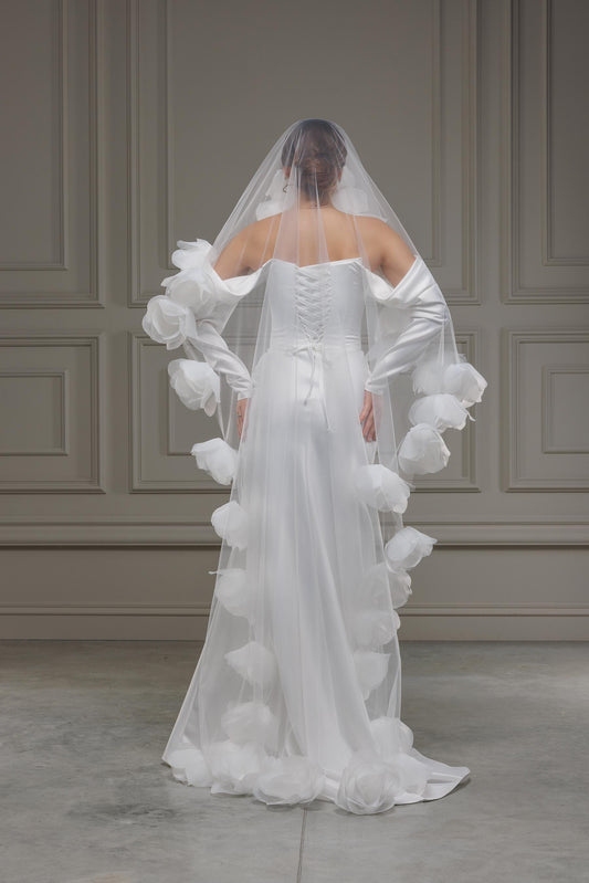 3D Floral Wedding Veil | Soft Tulle Cathedral Veil with Organza Flowers Bridal Cape Veil Cathedral Length One Tier, Long Floral Wedding Veil