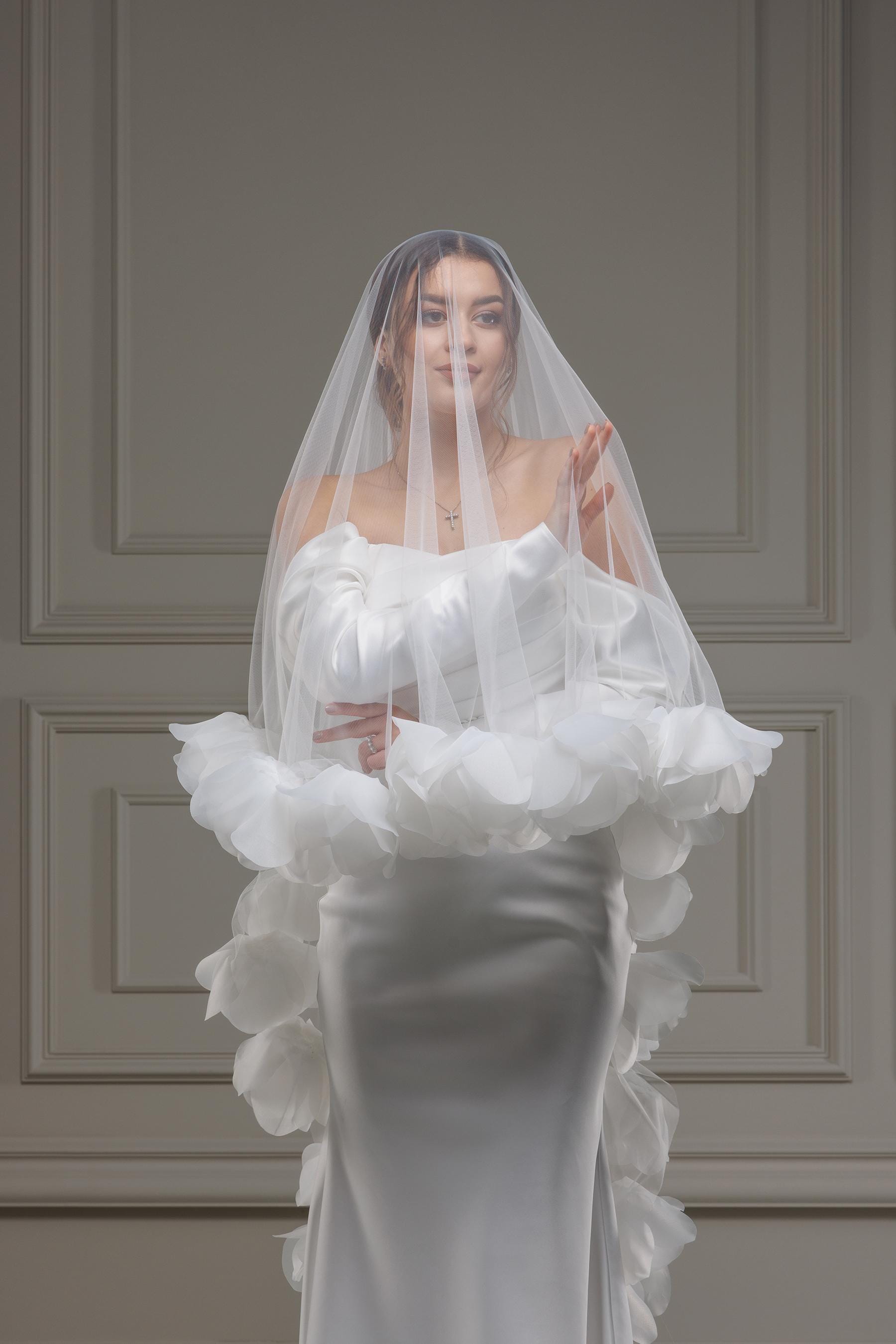 3D Floral Wedding Veil | Soft Tulle Cathedral Veil with Organza Flowers Bridal Cape Veil Cathedral Length One Tier, Long Floral Wedding Veil