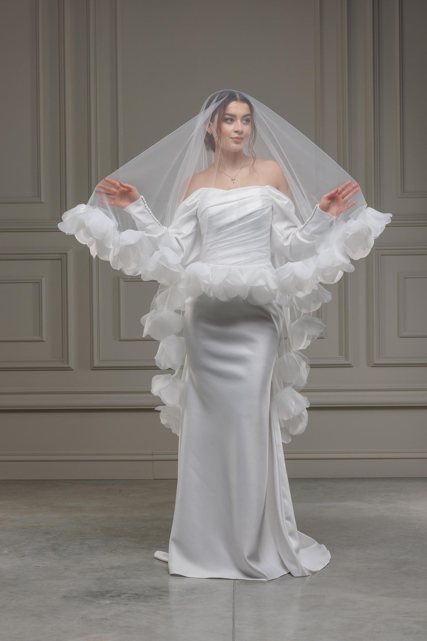 3D Floral Wedding Veil | Soft Tulle Cathedral Veil with Organza Flowers Bridal Cape Veil Cathedral Length One Tier, Long Floral Wedding Veil