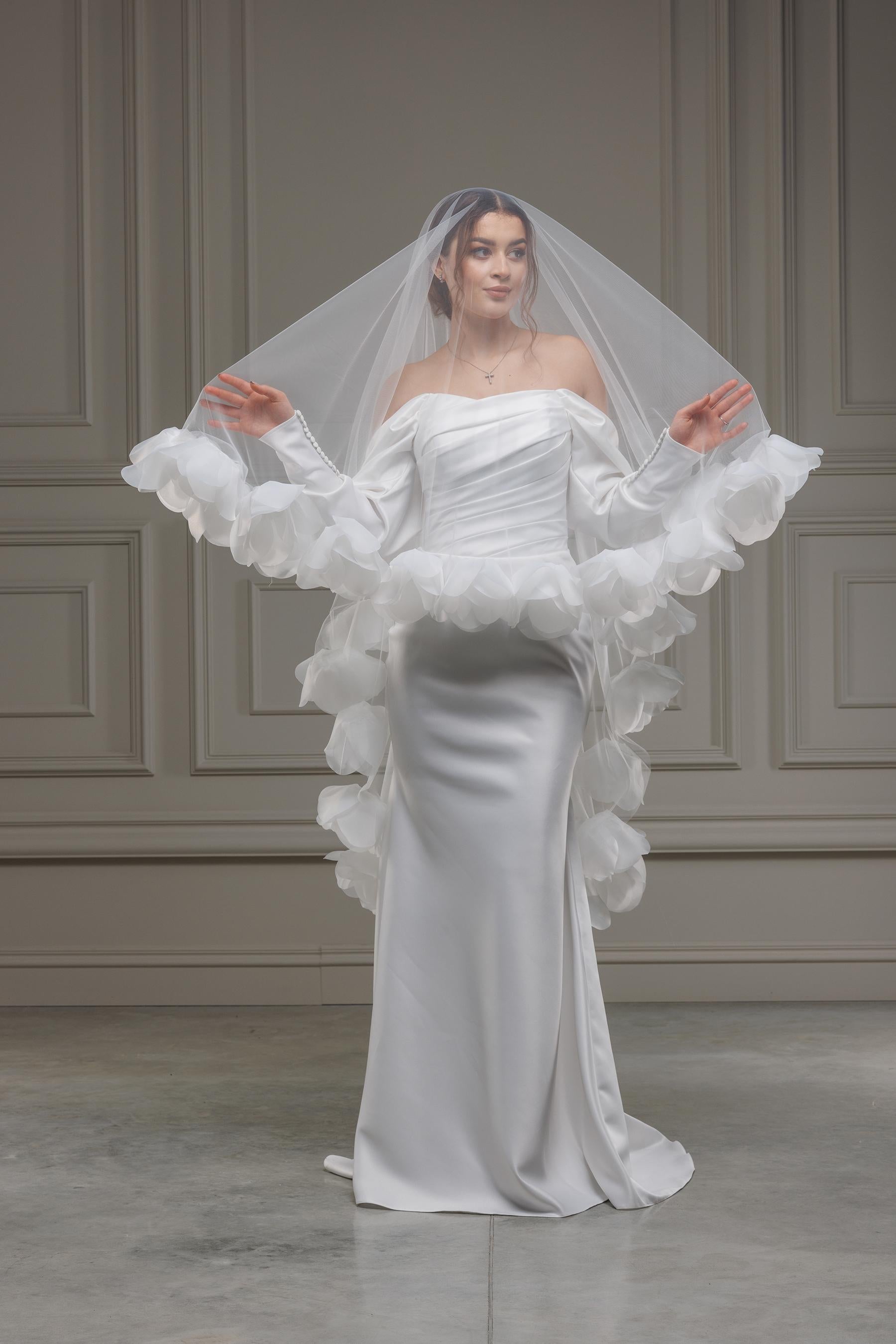 3D Floral Wedding Veil | Soft Tulle Cathedral Veil with Organza Flowers Bridal Cape Veil Cathedral Length One Tier, Long Floral Wedding Veil