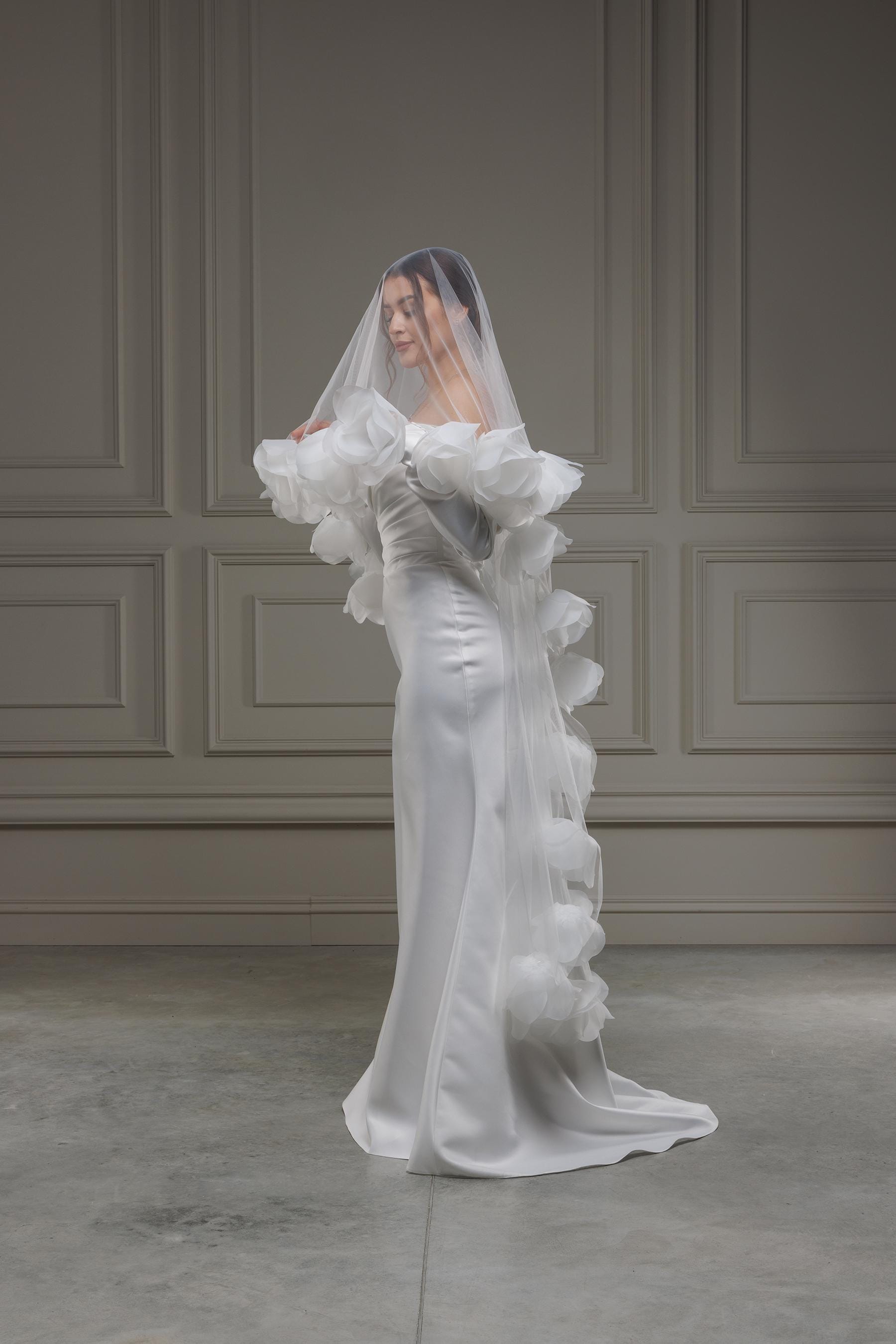 3D Floral Wedding Veil | Soft Tulle Cathedral Veil with Organza Flowers Bridal Cape Veil Cathedral Length One Tier, Long Floral Wedding Veil