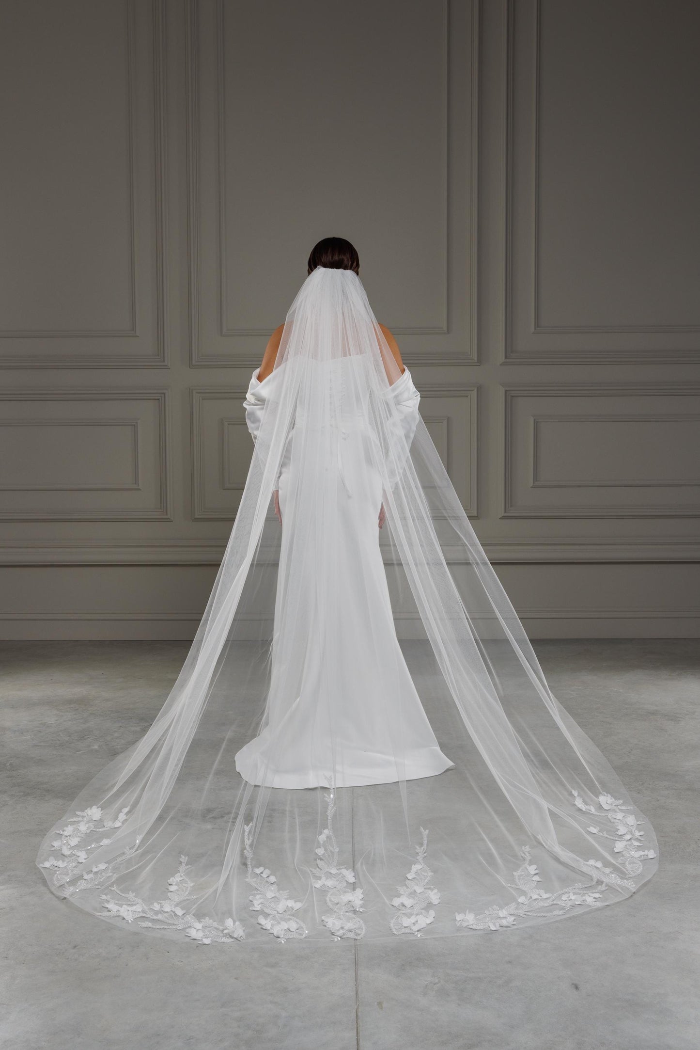 Luxurious Long Cathedral Lace Veil with Delicate Floral Embroidery and 3D Flowers, Customizable Wedding Veil for Brides