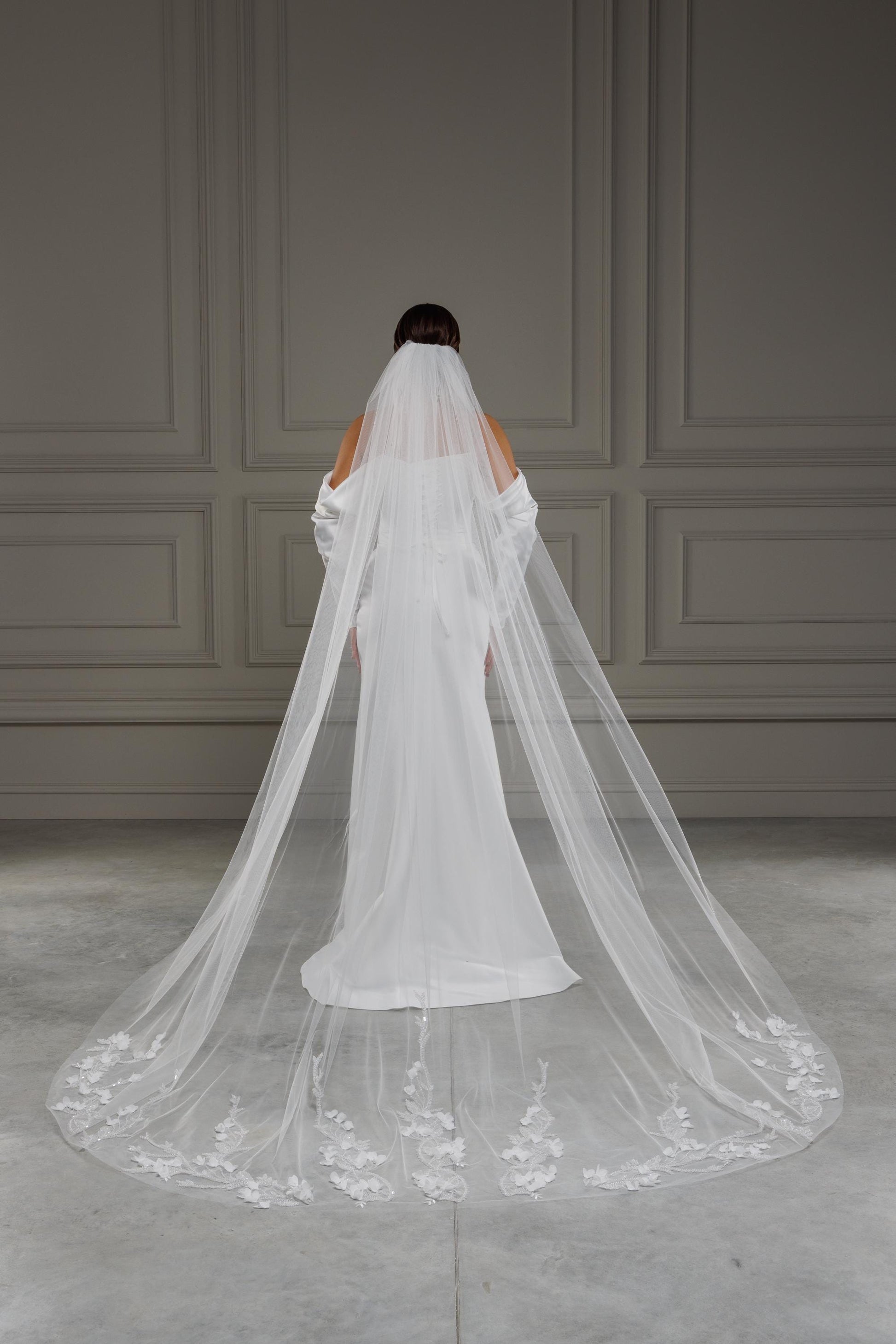 Luxurious Long Cathedral Lace Veil with Delicate Floral Embroidery and 3D Flowers, Customizable Wedding Veil for Brides