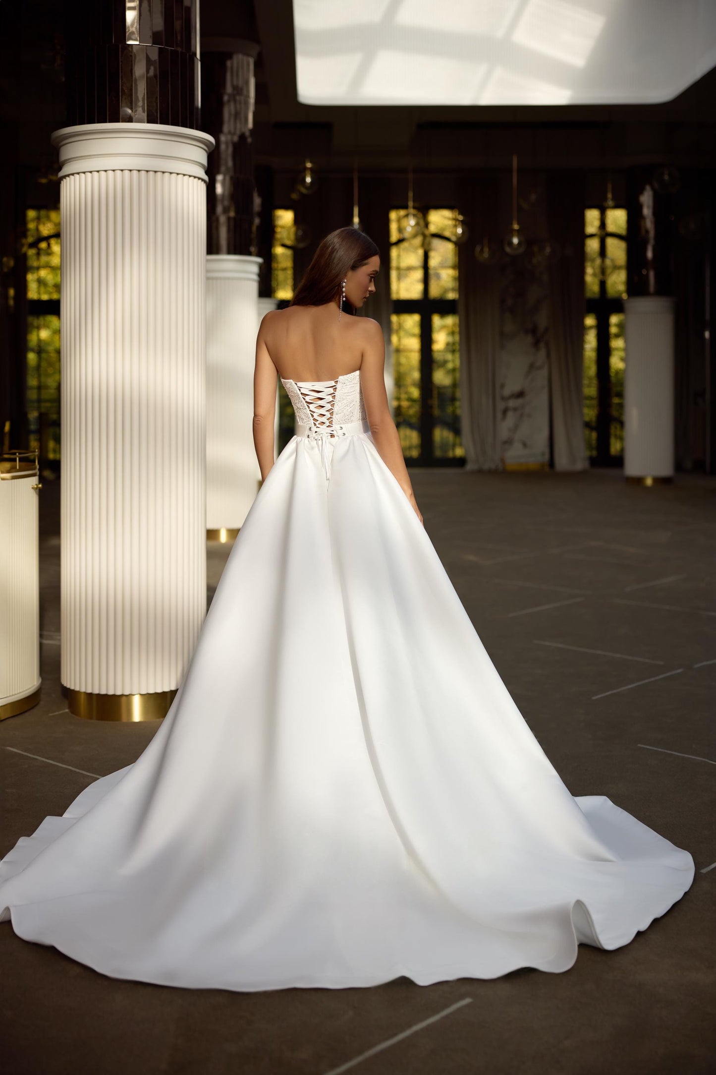 Luxury Beaded Lace Corset Wedding Dress | Mermaid Silhouette | Detachable Satin Overskirt & Lace Sleeves | Elegant Bridal Gown
