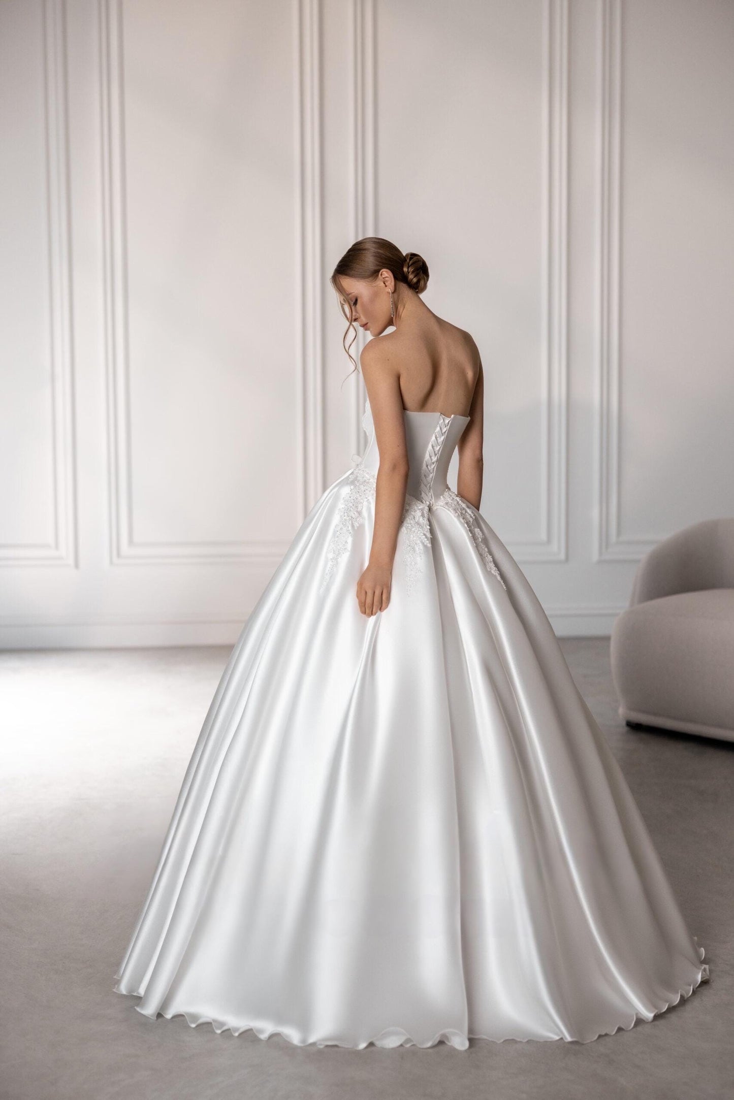 Luxury Wedding Dress – Satin Mikado Ball Gown, Corset with Cat Eye Cups & Basque Waist, Beaded Lace Details, Modern Princess Bridal Dress