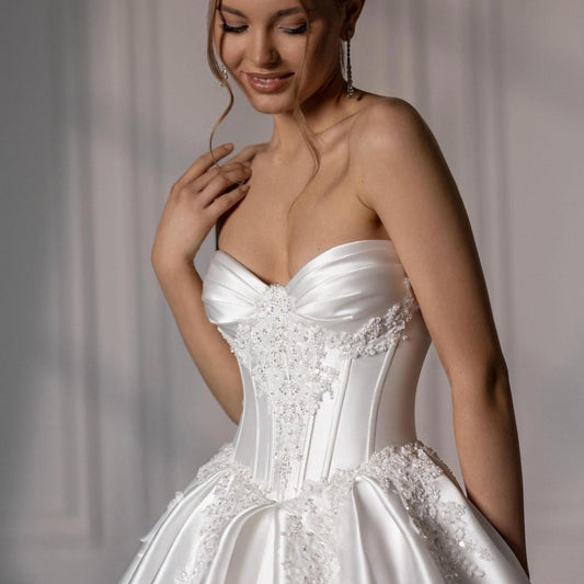 Luxury Wedding Dress – Satin Mikado Ball Gown, Corset with Cat Eye Cups & Basque Waist, Beaded Lace Details, Modern Princess Bridal Dress
