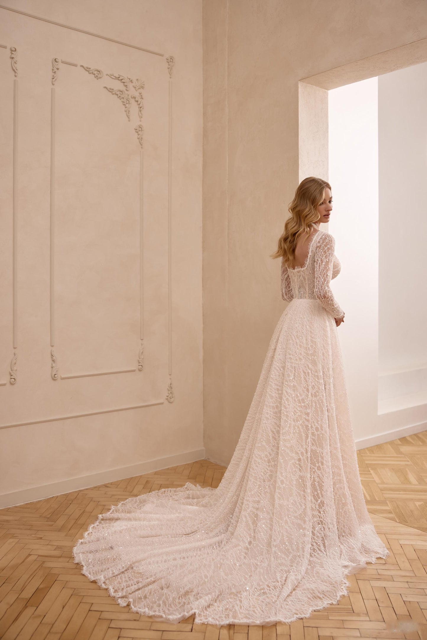 Lace Wedding Dress with Long Train, Boho Bridal Gown with Sleeves, Chantilly Lace A-line Gown, Romantic and Simple Wedding Dress