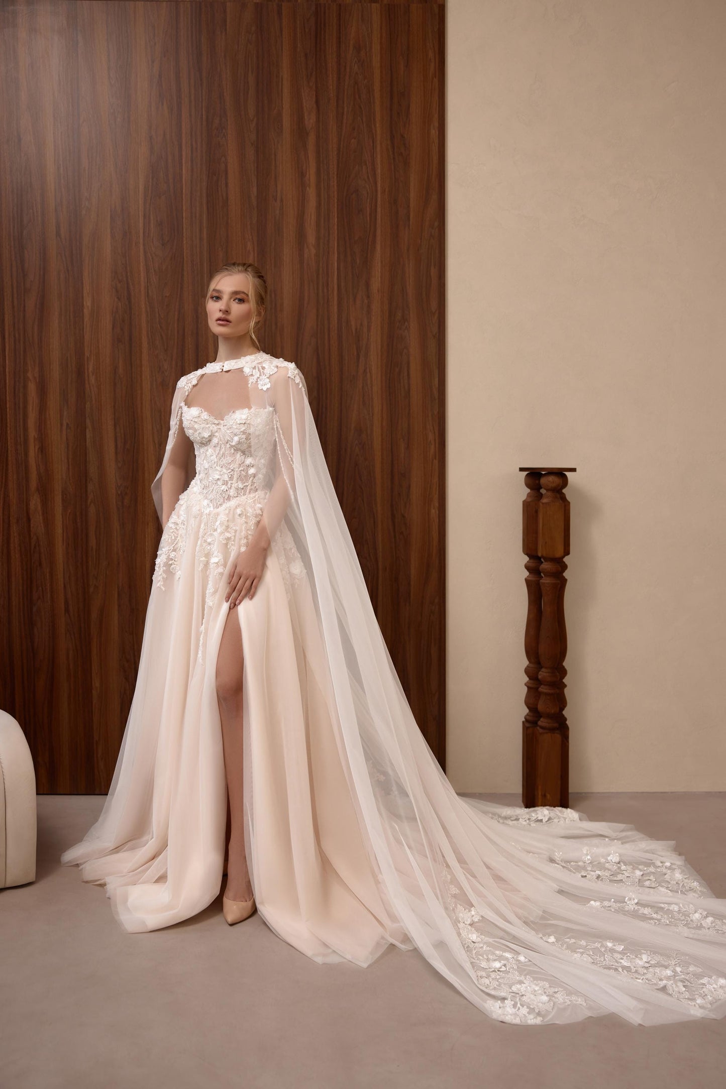 Exquisite A-line Silhouette dress, Long Tulle Train, Heart Neckline, Floral Embroidered Gown with Sheer Long Train Off-Shoulder Tulle Cape