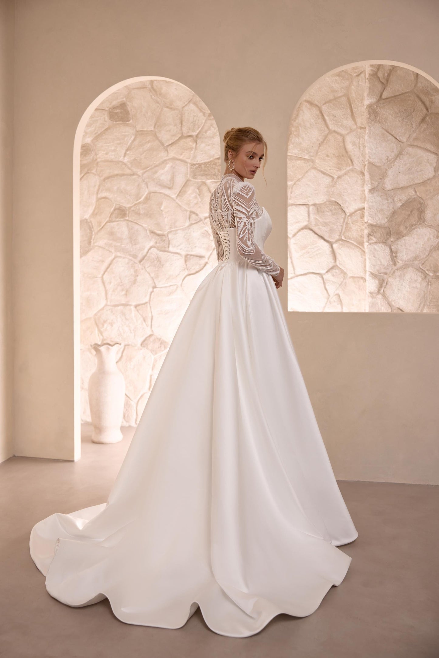 Long Train Mermaid Wedding Dress with Classic Corset and Detachable Fairy Train, Satin Skirt Royal Lace Bridal Gown with Bohemian Details