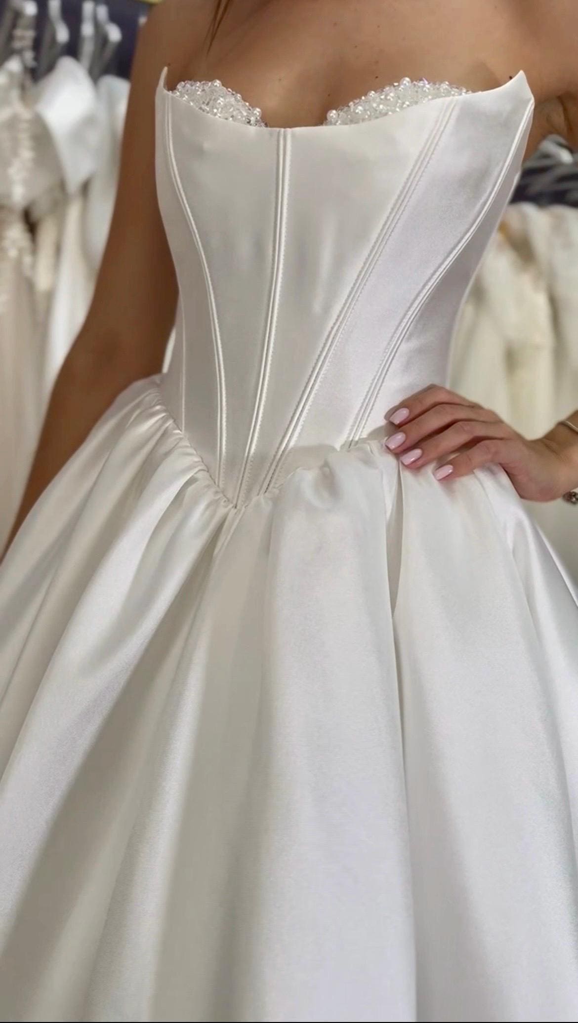 Mikado Wedding Dress - Basque Corset Bridal Gown - Pearl & Crystal Embellished Bodice - Royal Ball Gown - Luxury Princess Wedding Dress