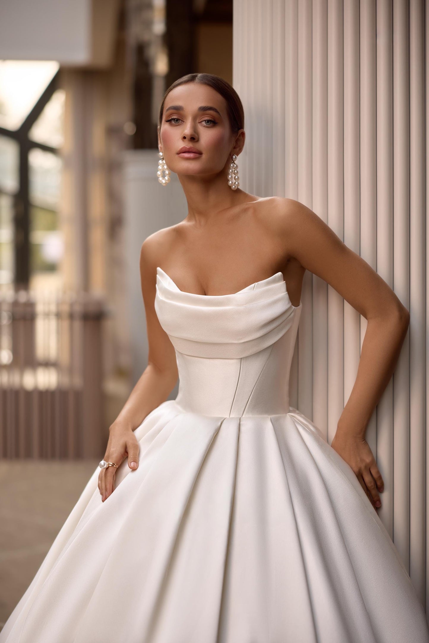 Luxury Mikado Ball Gown Wedding Dress, Off-Shoulder Draped Corset, Elegant Bridal Gown with Train, Classic Wedding Dress