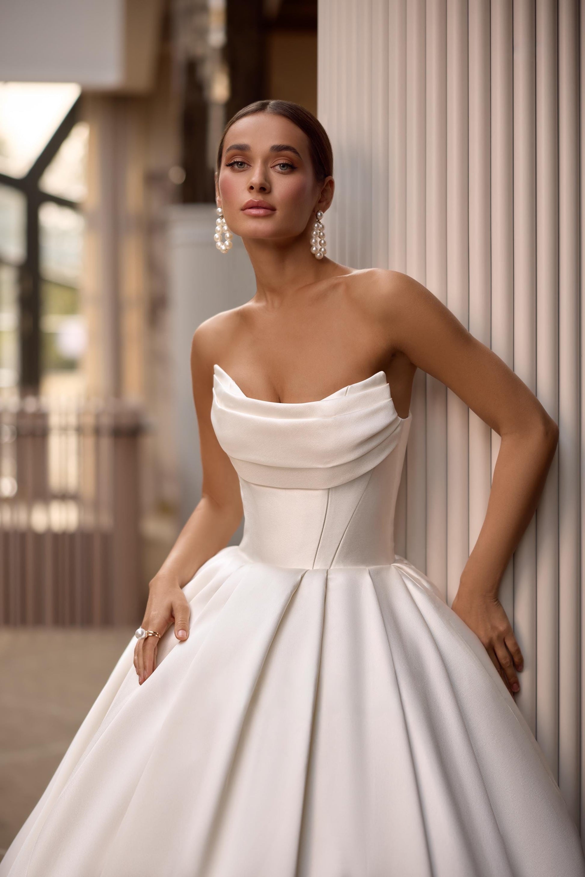 Luxury Mikado Ball Gown Wedding Dress, Off-Shoulder Draped Corset, Elegant Bridal Gown with Train, Classic Wedding Dress