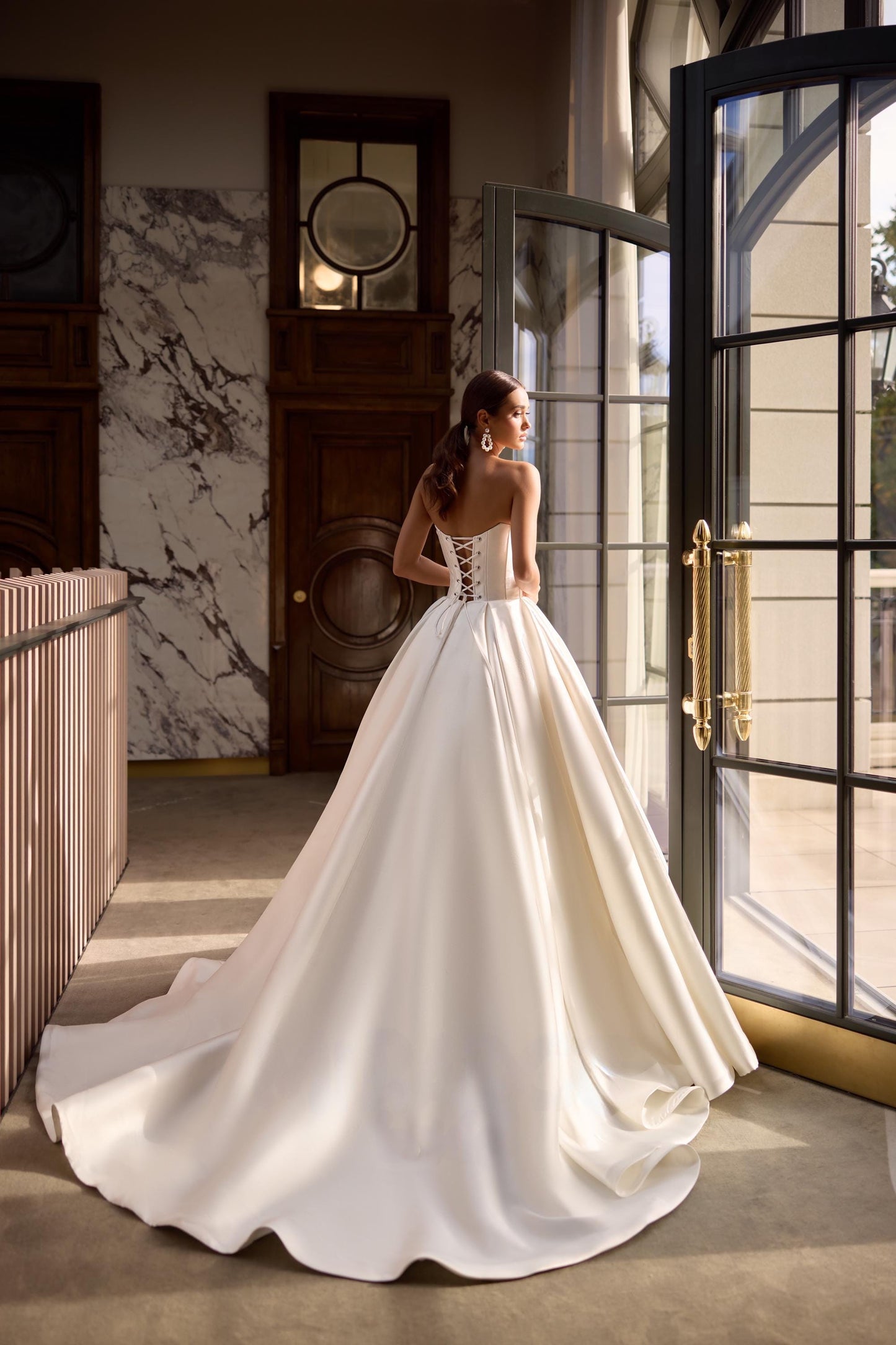 Luxury Mikado Ball Gown Wedding Dress, Off-Shoulder Draped Corset, Elegant Bridal Gown with Train, Classic Wedding Dress