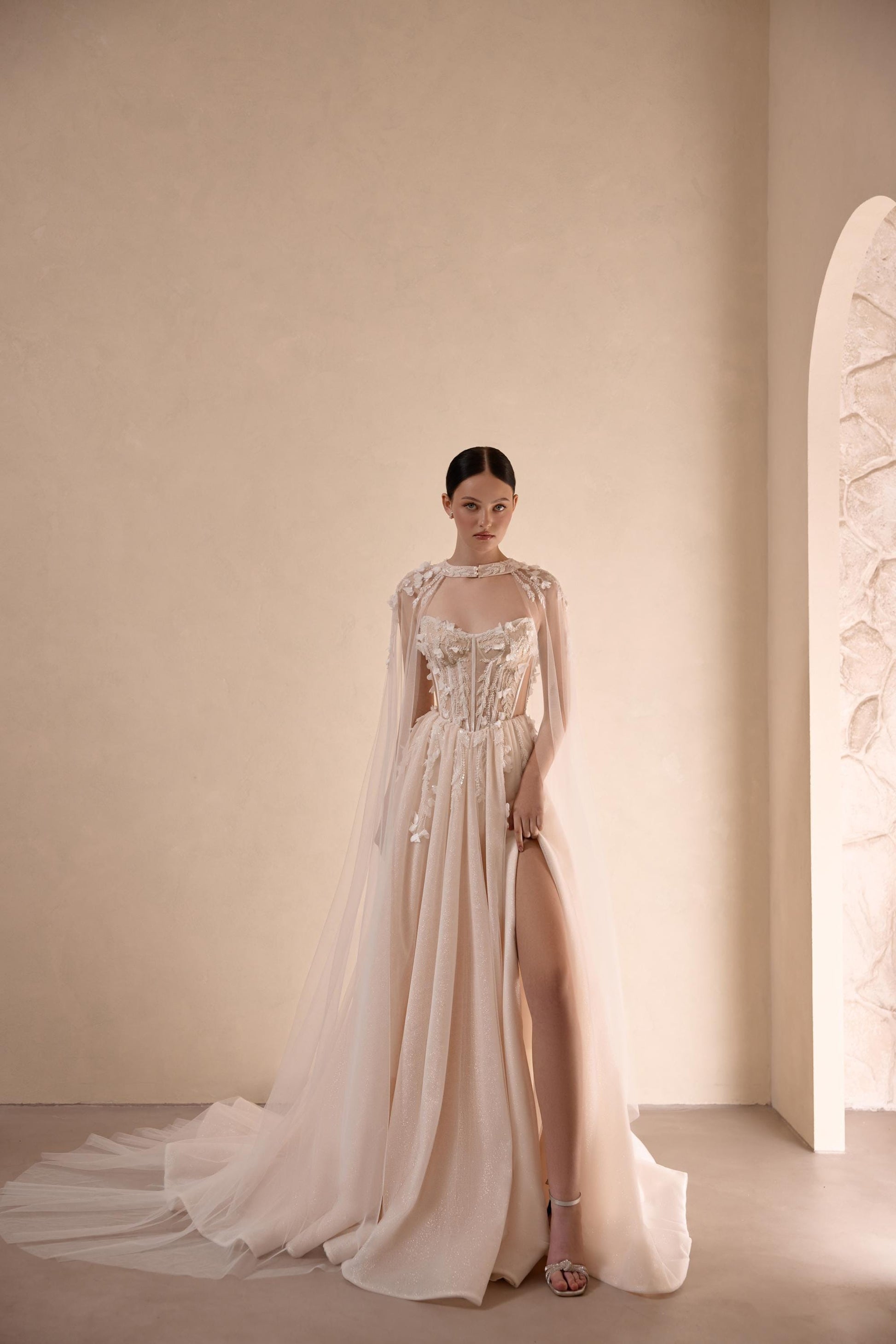 Stunning A-Line Bridal Gown with Slit, Floral Lace & Shimmering Tulle Train, Bohemian Fairy Wedding Dress with Corset and Cape