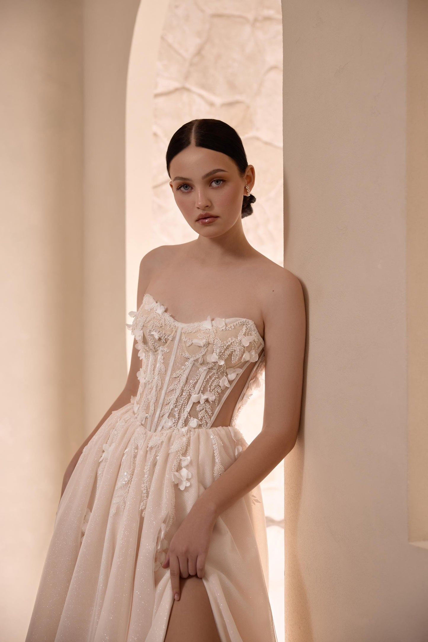 Stunning A-Line Bridal Gown with Slit, Floral Lace & Shimmering Tulle Train, Bohemian Fairy Wedding Dress with Corset and Cape