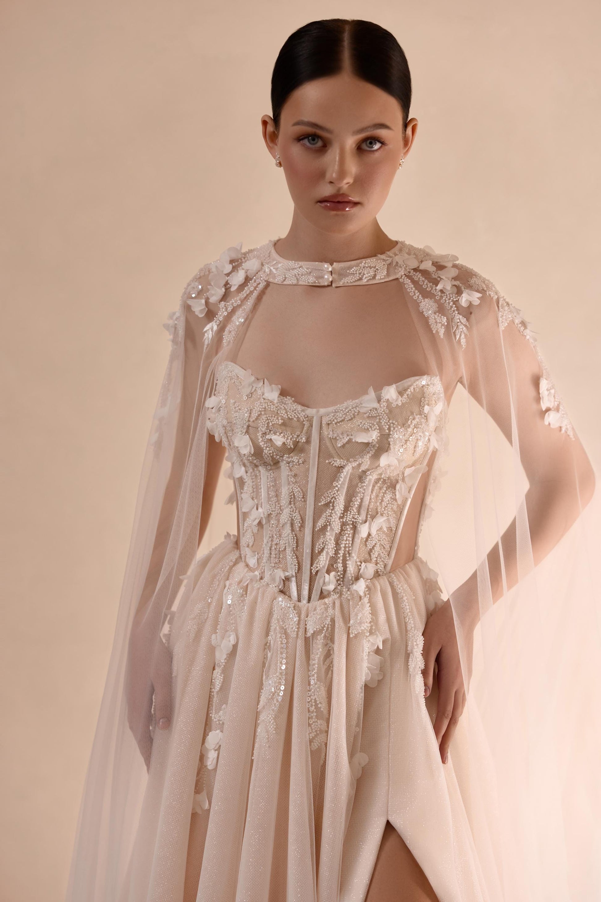 Stunning A-Line Bridal Gown with Slit, Floral Lace & Shimmering Tulle Train, Bohemian Fairy Wedding Dress with Corset and Cape