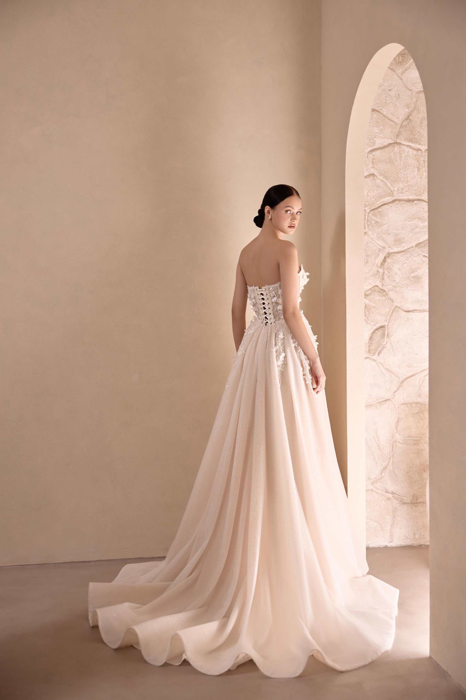 Stunning A-Line Bridal Gown with Slit, Floral Lace & Shimmering Tulle Train, Bohemian Fairy Wedding Dress with Corset and Cape