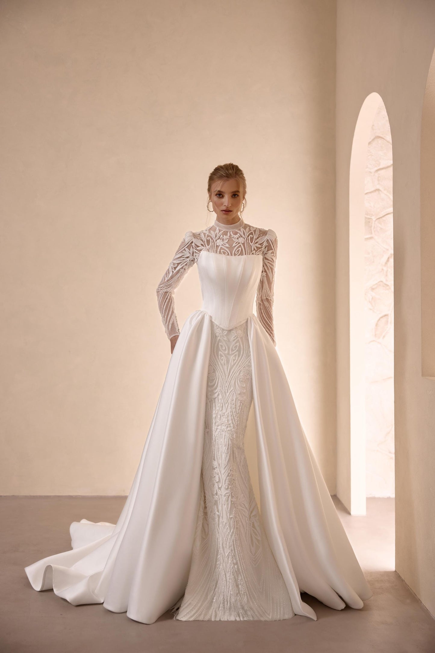 Long Train Mermaid Wedding Dress with Classic Corset and Detachable Fairy Train, Satin Skirt Royal Lace Bridal Gown with Bohemian Details